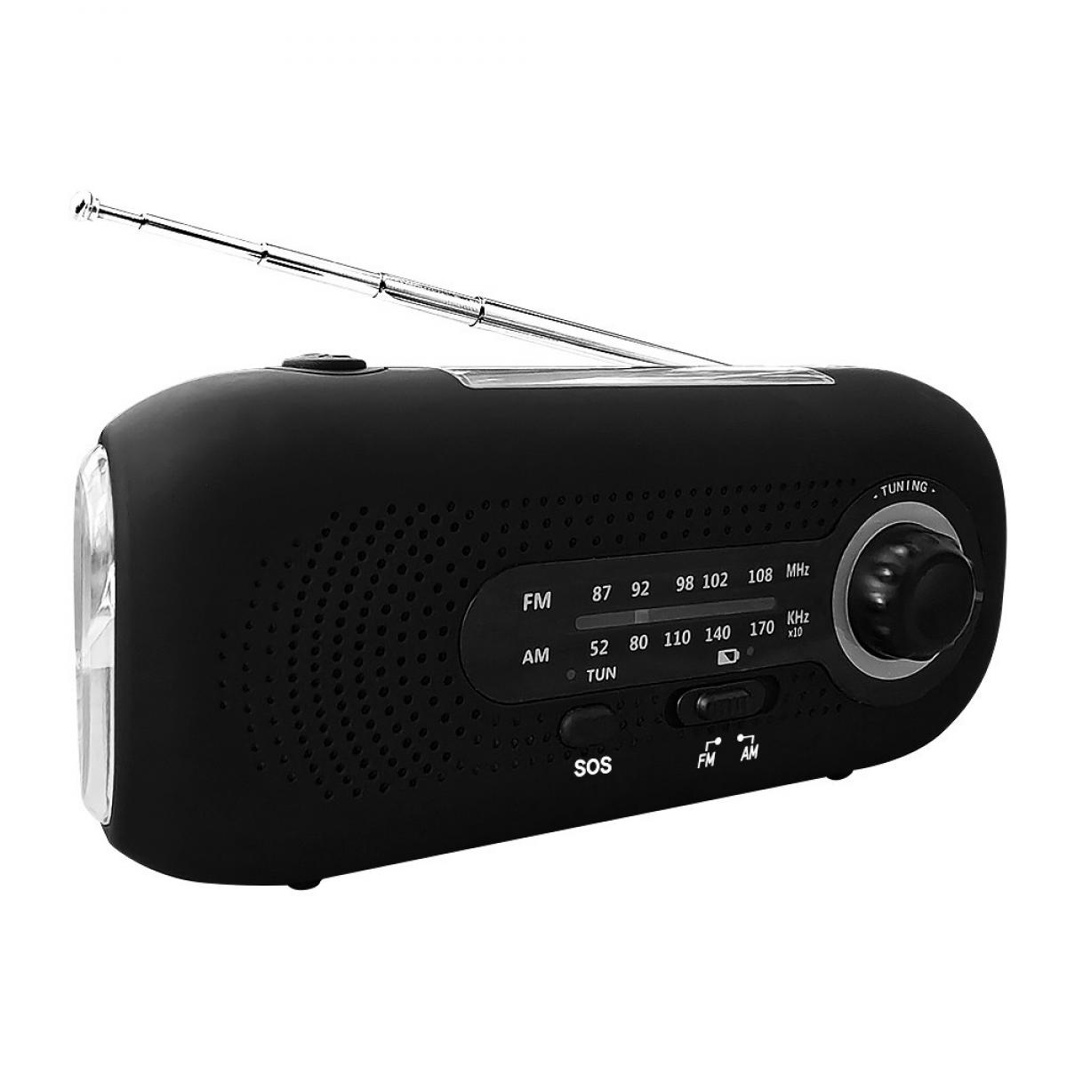Schwarzes tragbares Radio mit Antenne, Abstimmknopf und AM/FM-Frequenzanzeige.