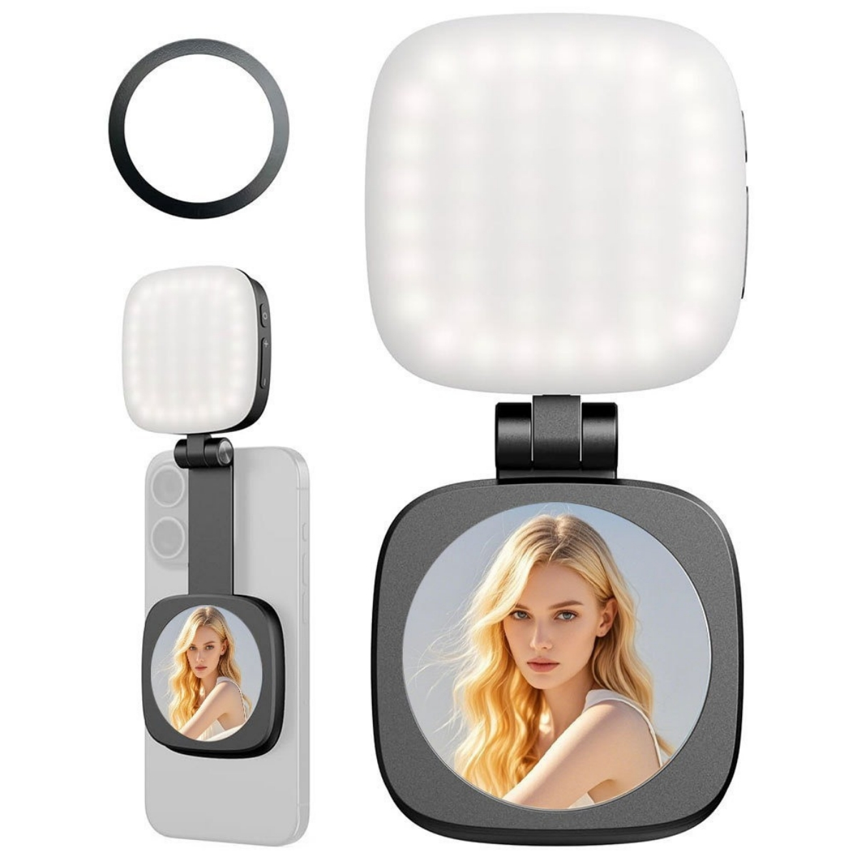 Ein quadratisches LED-Licht und ein Spiegel mit blondem Modell auf einem Handy.