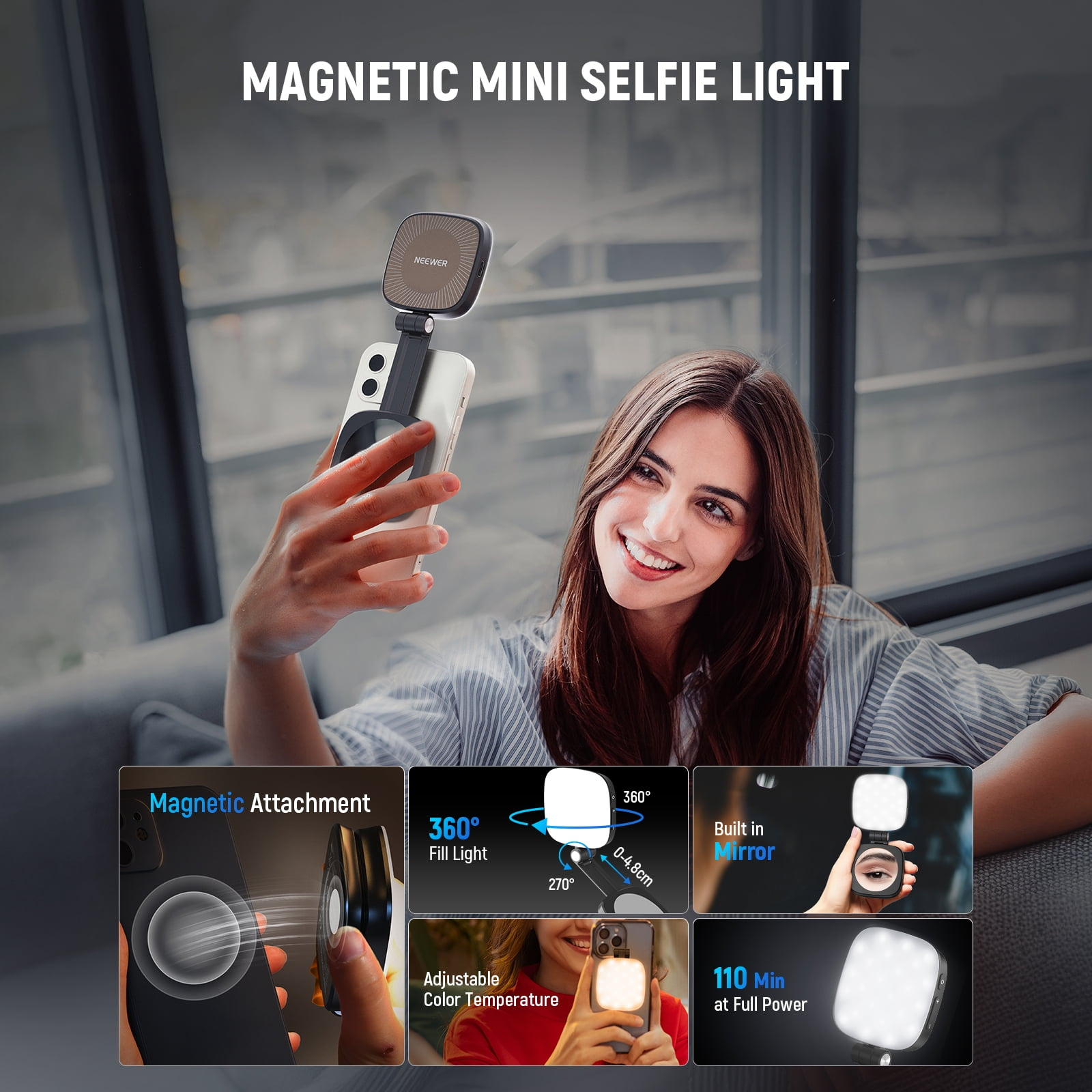 Frau nimmt Selfie mit magnetischem Mini-Aufstecklicht für ihr Handy auf.