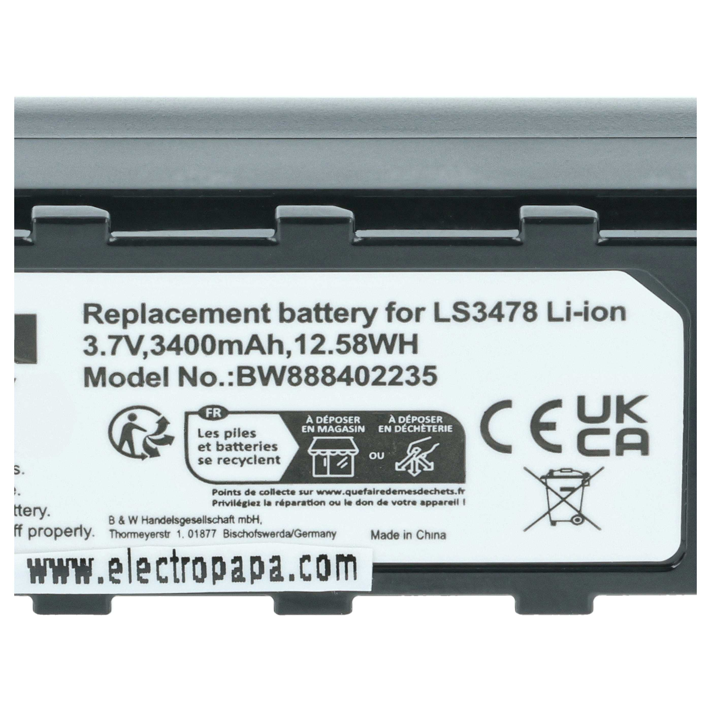 Ersatzakku für LS3478 Li-Ion, 3,7V, 3400mAh, 12,58WH, Made in China.