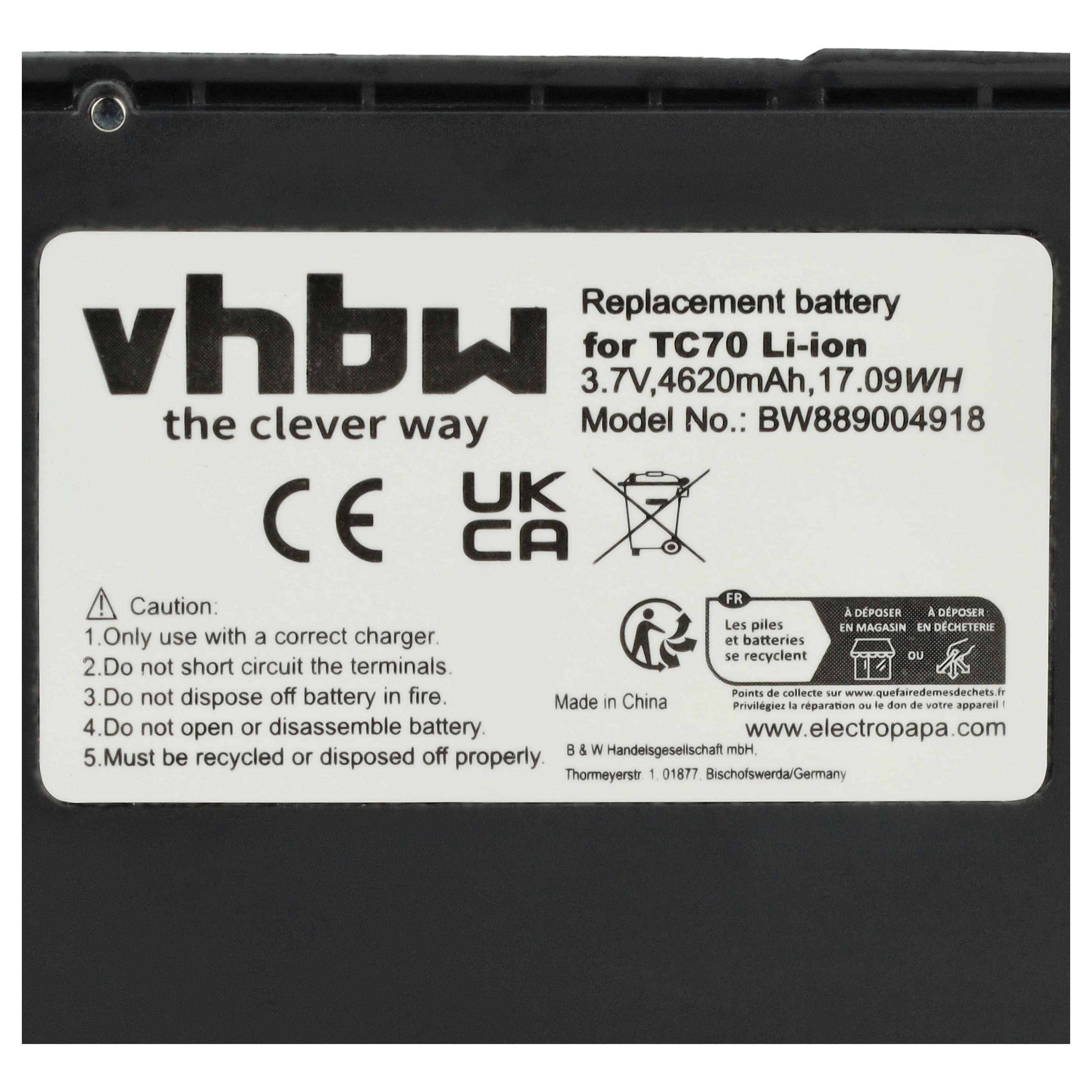 vhbw Ersatzakku für TC70 Li-ion, 3,7V, 4620mAh, 17,09WH. Modell BW889004918.