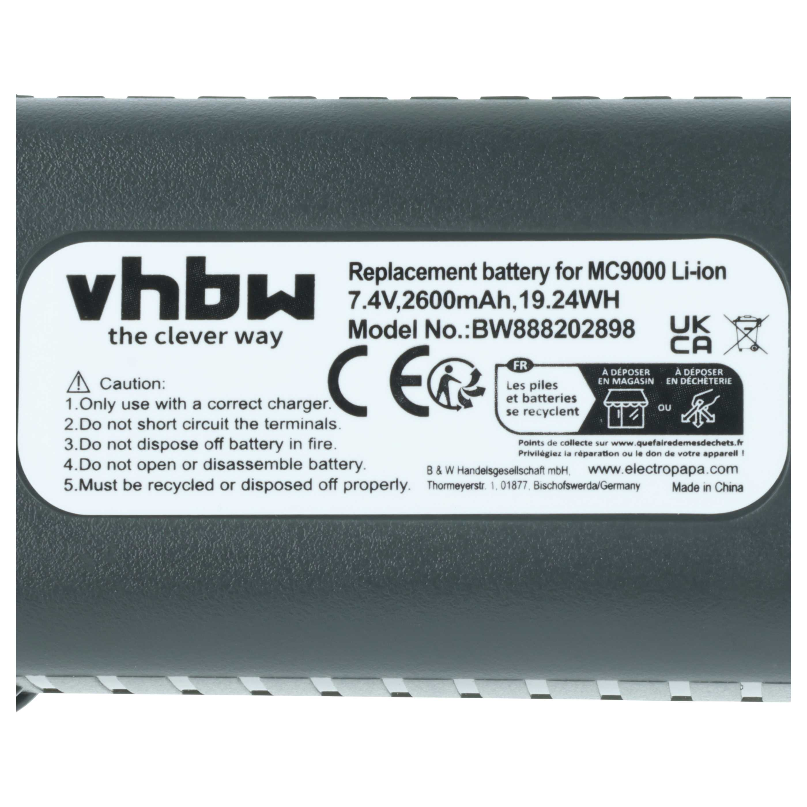 Ersatzakku für MC9000 Li-Ion, 7,4V, 2600mAh. Enthält Warnhinweise.
