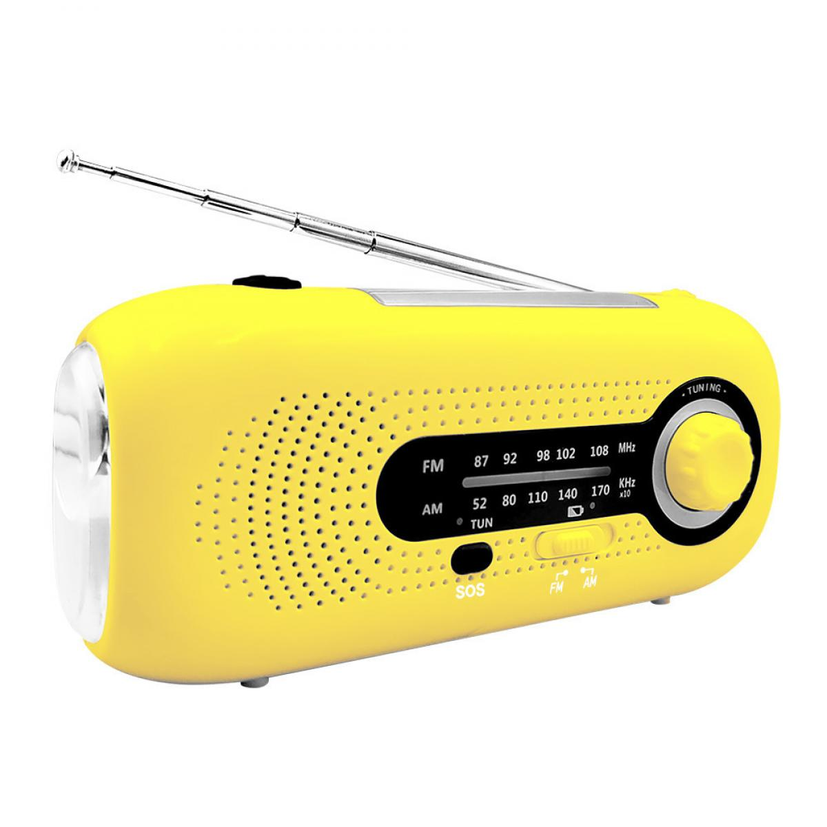 Ein gelbes Radio mit Teleskopantenne, Lautsprechern und einem Drehknopf zum Suchen.