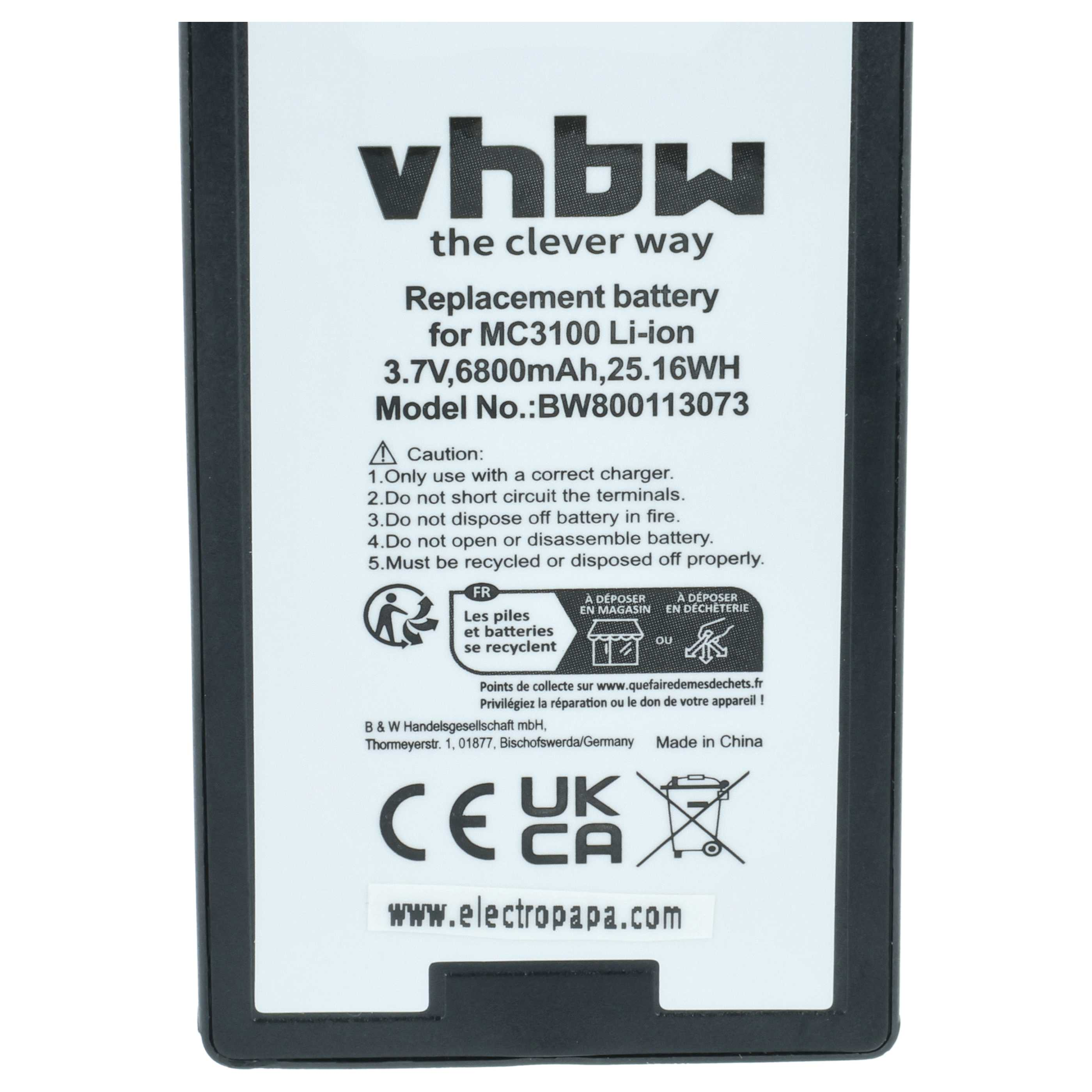 vhbw Ersatzakku für MC3100 Li-ion, 3.7V, 6800mAh. Warnhinweise & Entsorgung.