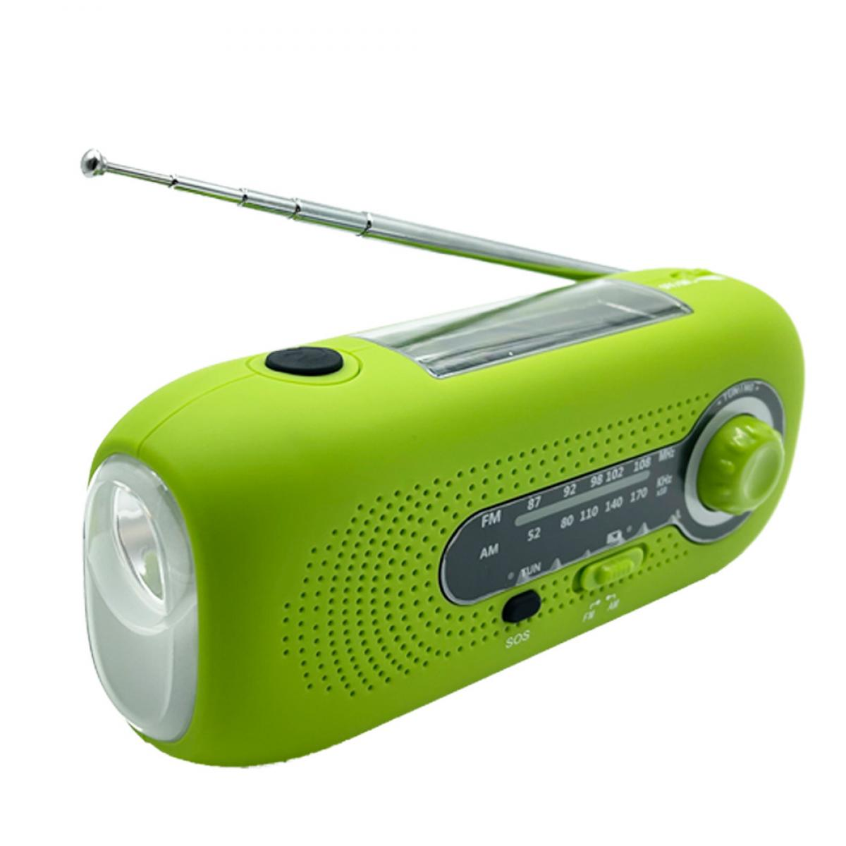 Grünes Notfallradio mit ausziehbarer Antenne, Taschenlampe und AM/FM-Wahl.