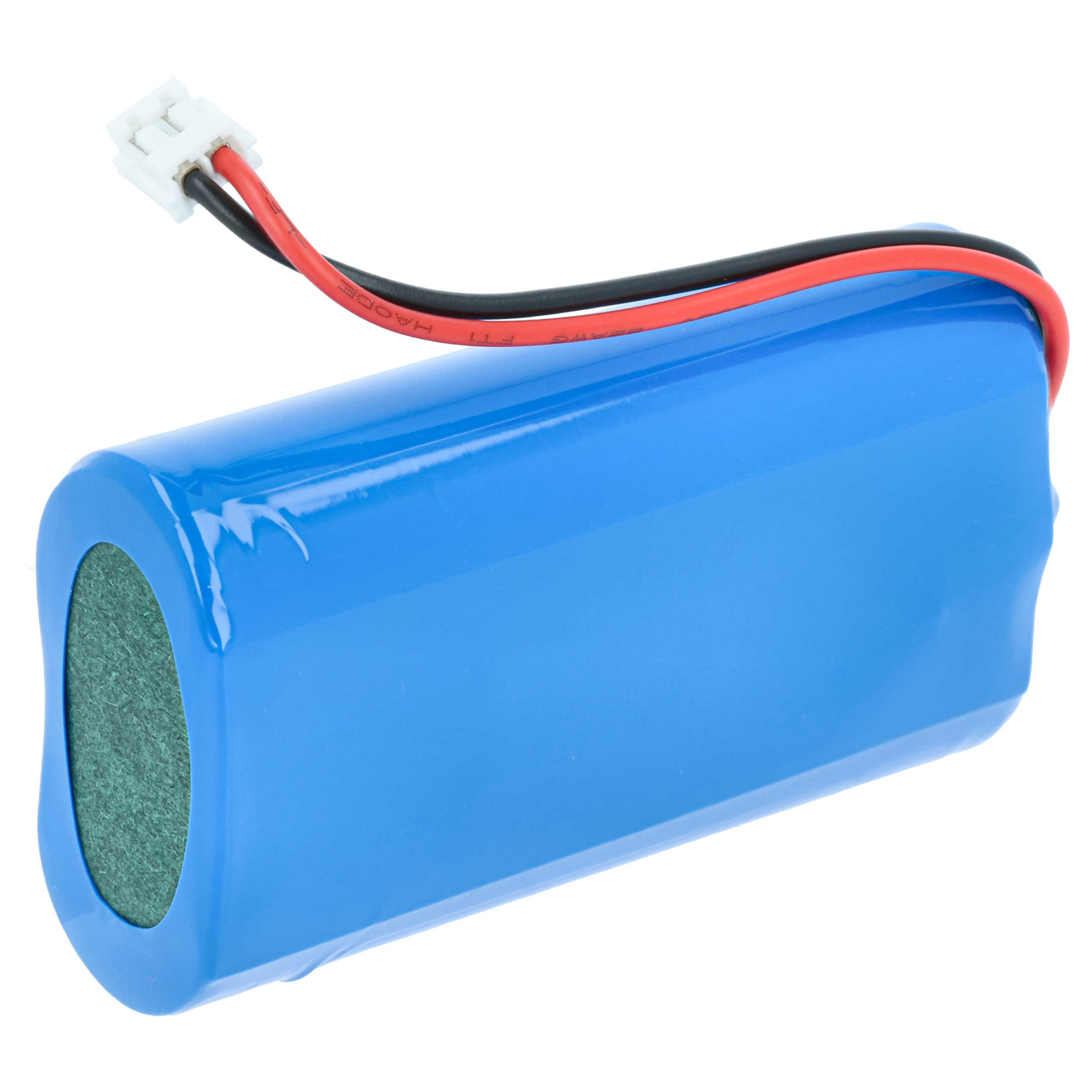 Eine blaue Batterie mit einem weißen Stecker und schwarzen und roten Kabeln.