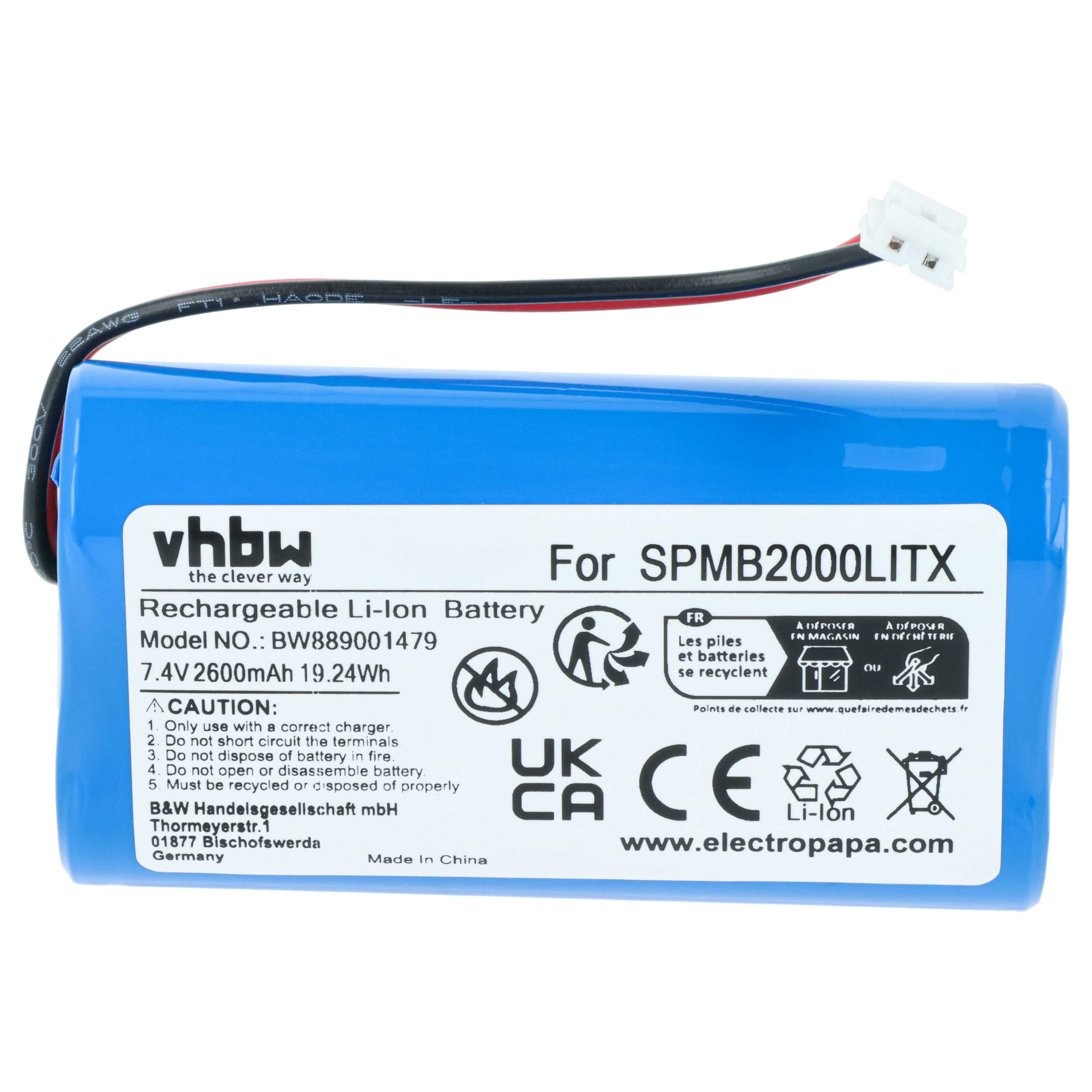 Eine blaue Li-Ion-Batterie mit Kabel und Stecker, Modell SPMB2000LITX.