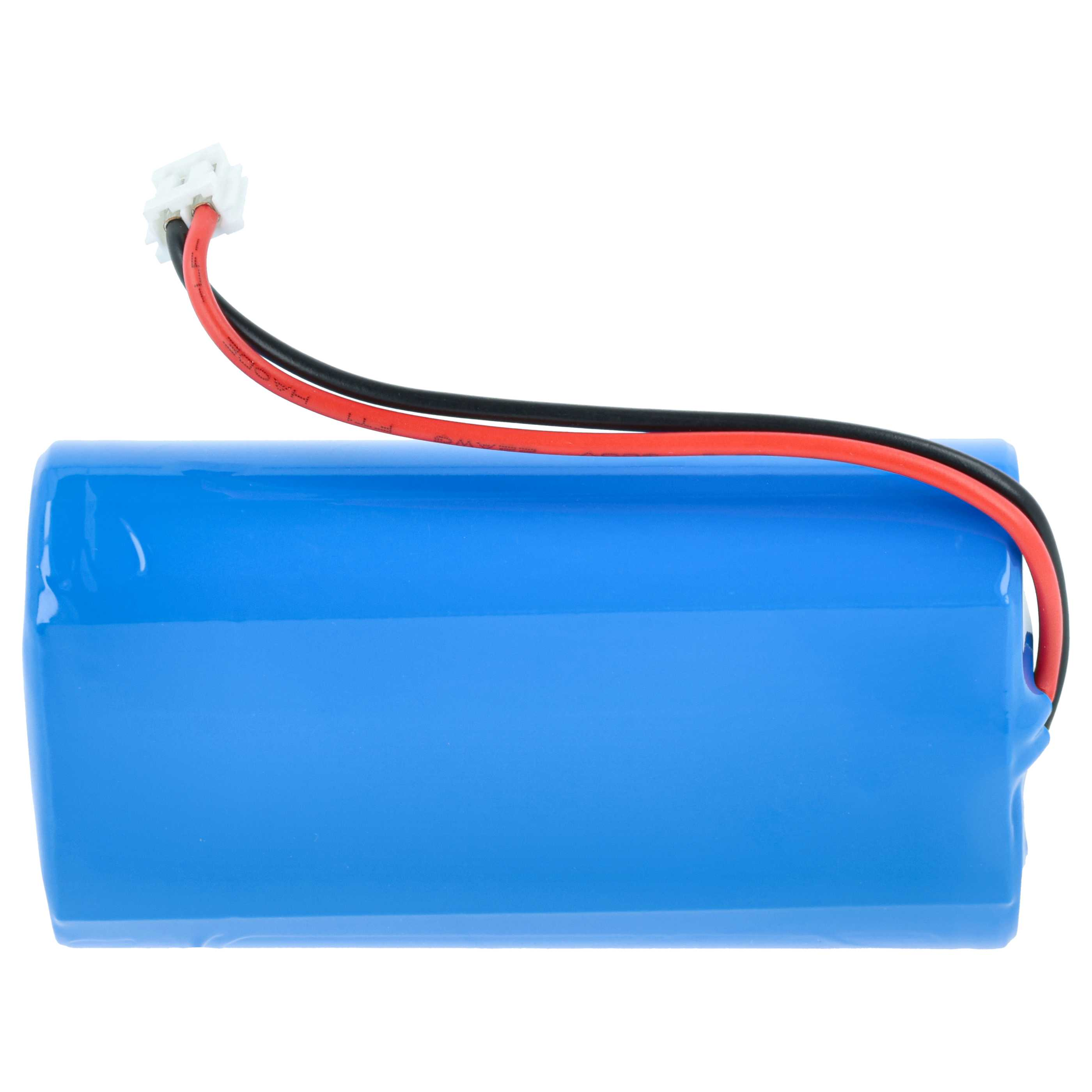 Ein blaues Batteriepack mit einem weißen Stecker und roten und schwarzen Kabeln.