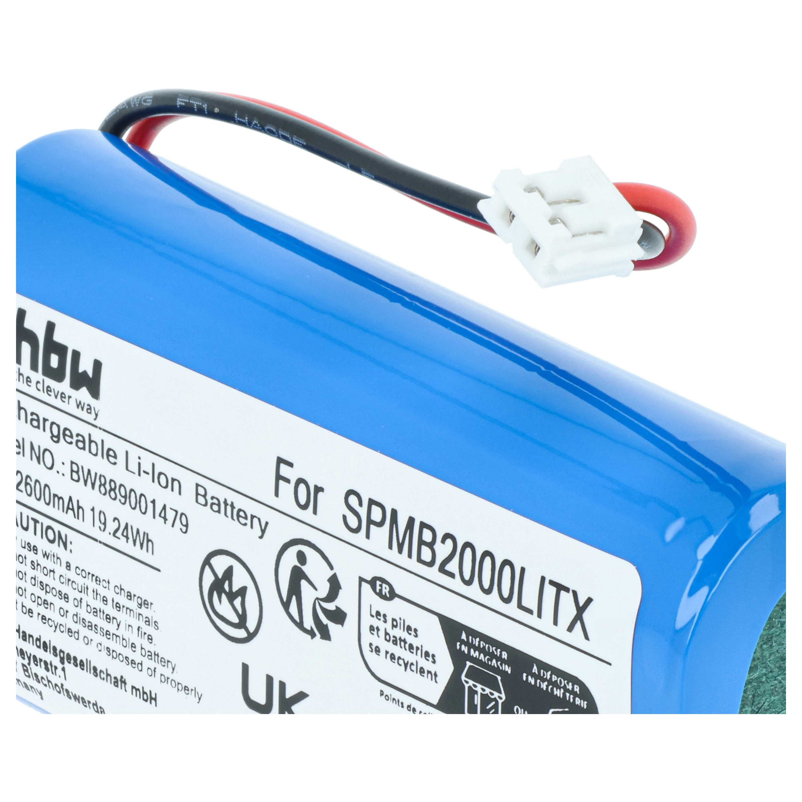 Blaue Lithium-Ionen-Batterie mit Kabeln und Anschluss, Modell SPMB2000LITX.