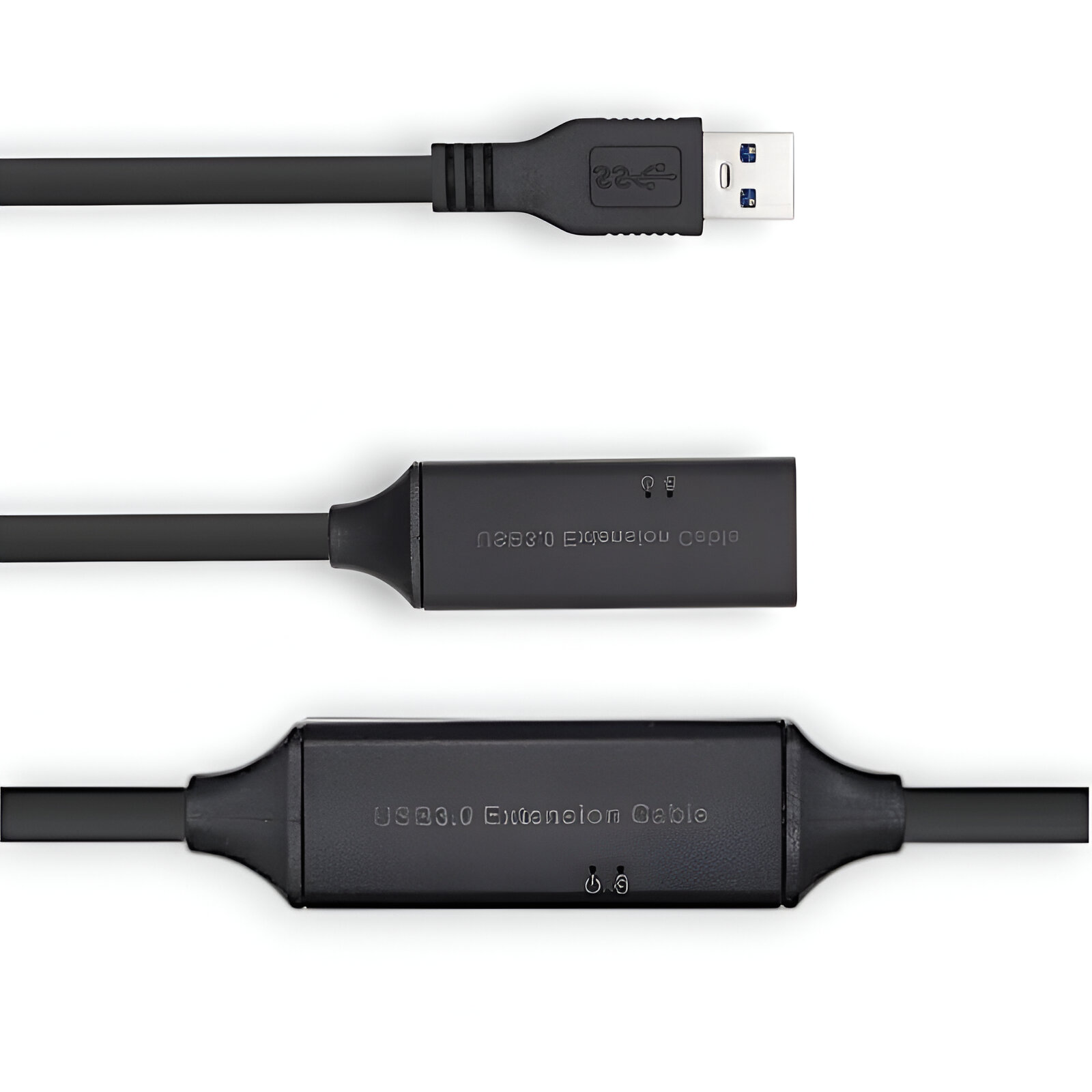 Un cable de extensión USB 3.0 negro con conector macho y puerto hembra.