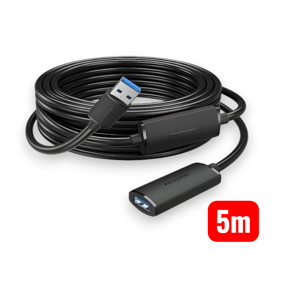 Cable extensor USB negro enrollado de 5 metros con dos cajas.