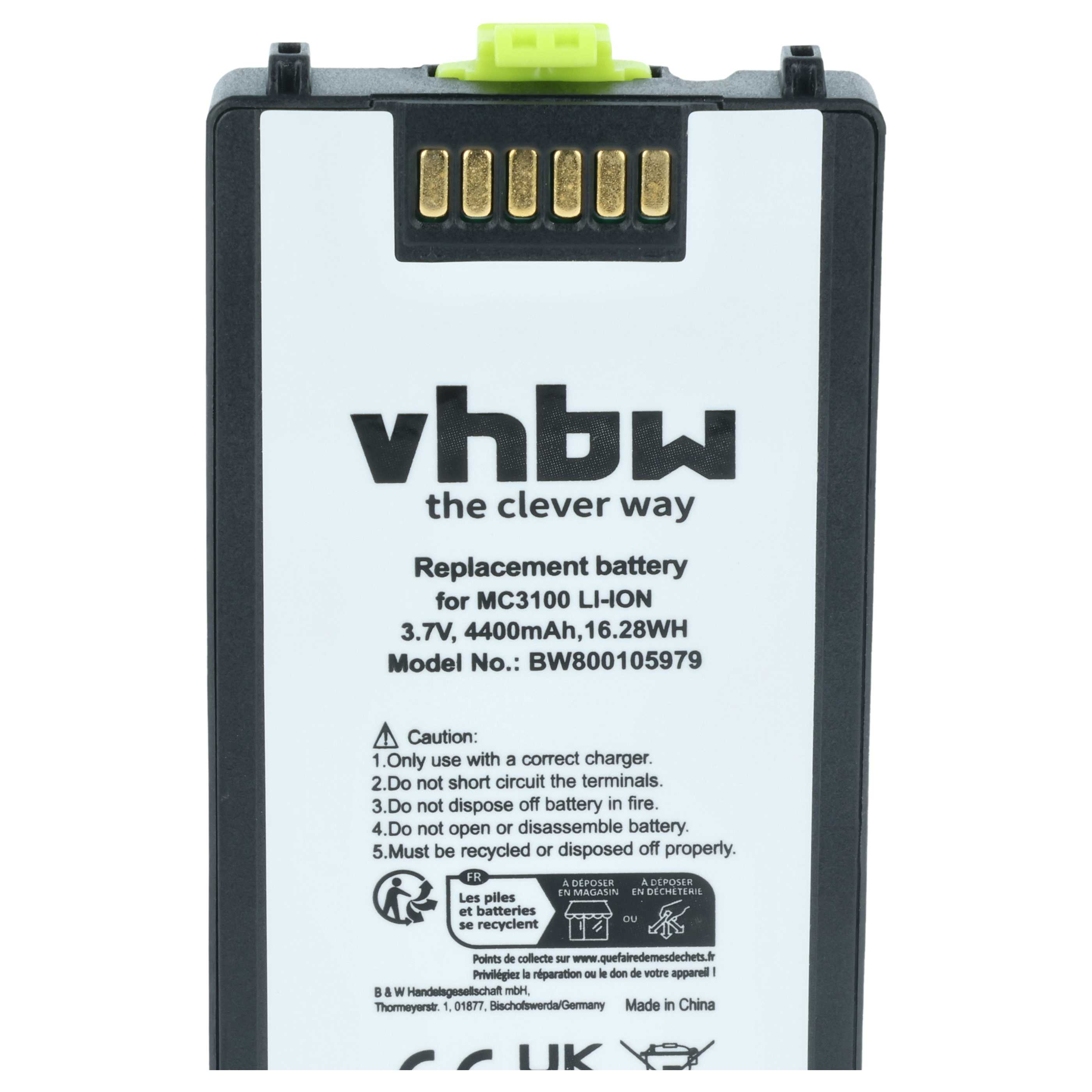 Schwarz-weißer Akku für MC3100, 3,7V, 4400mAh, mit Warnhinweisen.