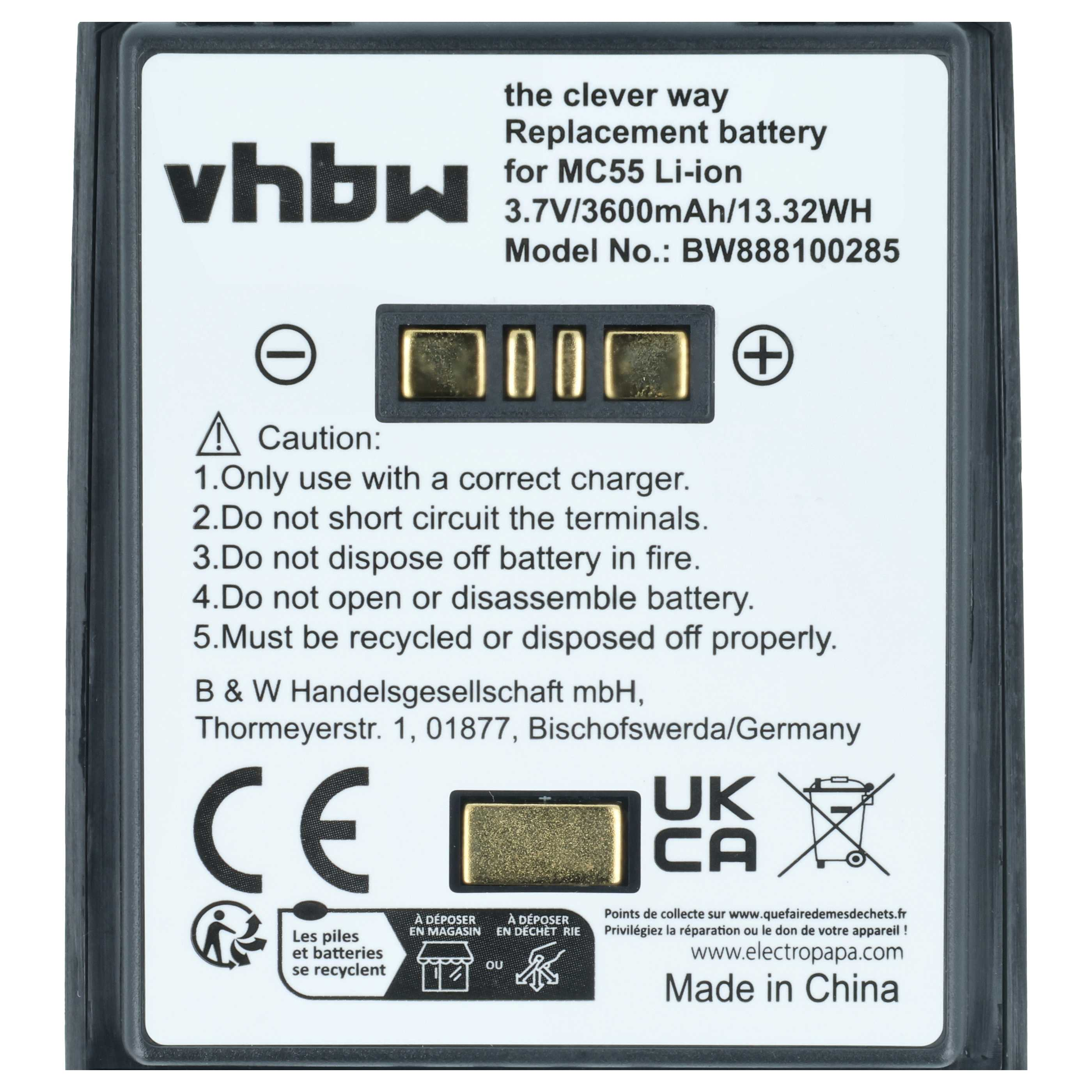 vhbw Ersatzakku für MC55 Li-ion, 3,7V/3600mAh. Mit Warnhinweisen.
