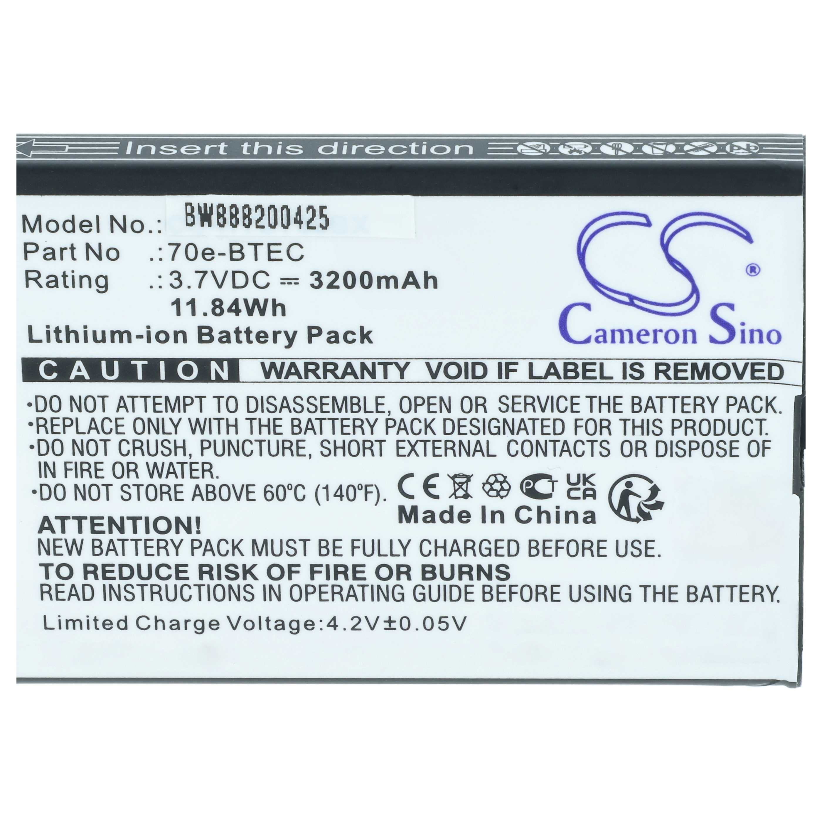 Cameron Sino Lithium-Ionen-Akku: 3.7VDC, 3200mAh. Vorsicht!