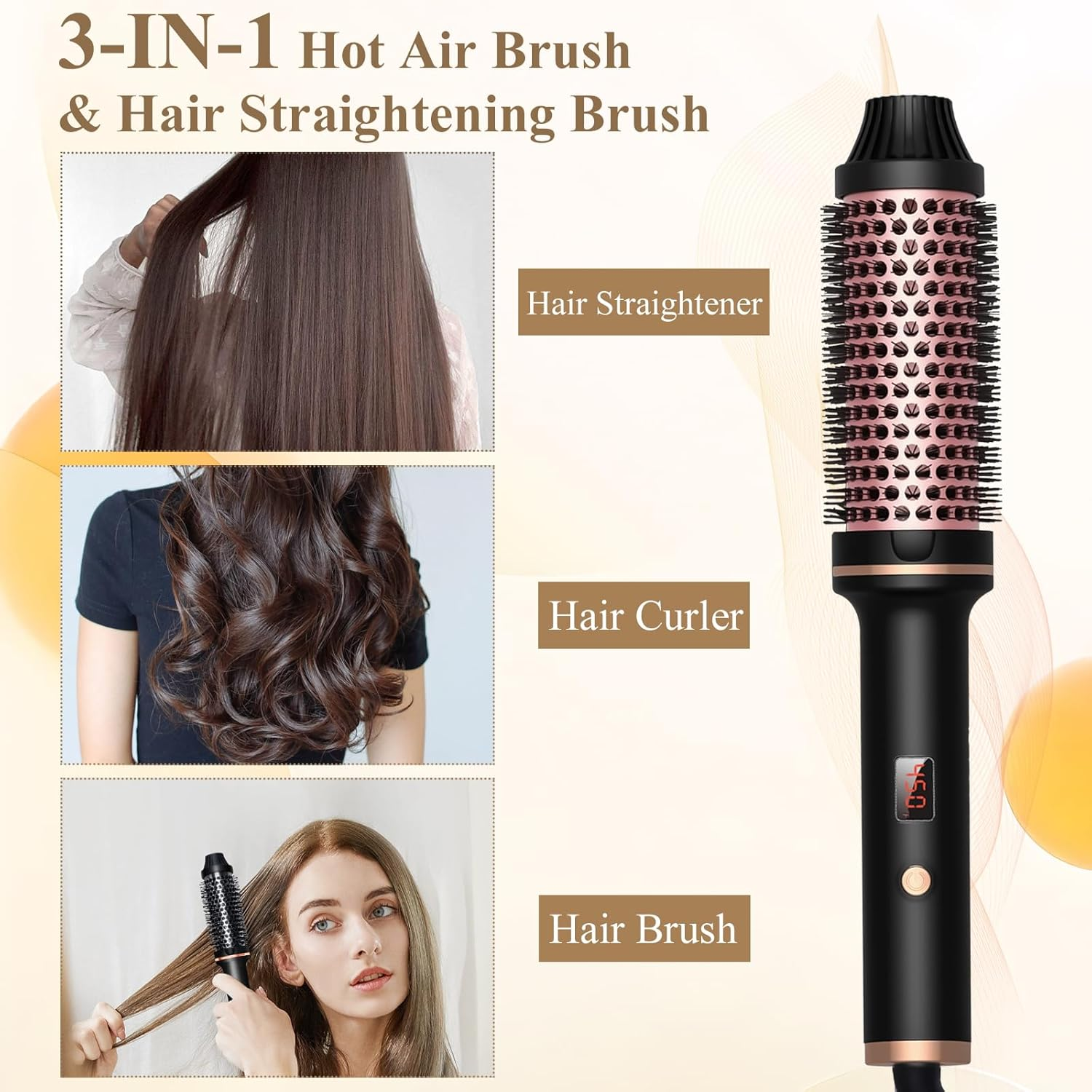 3-in-1 Heißluftbürste und Glättbürste mit Beispielen für Styling.
