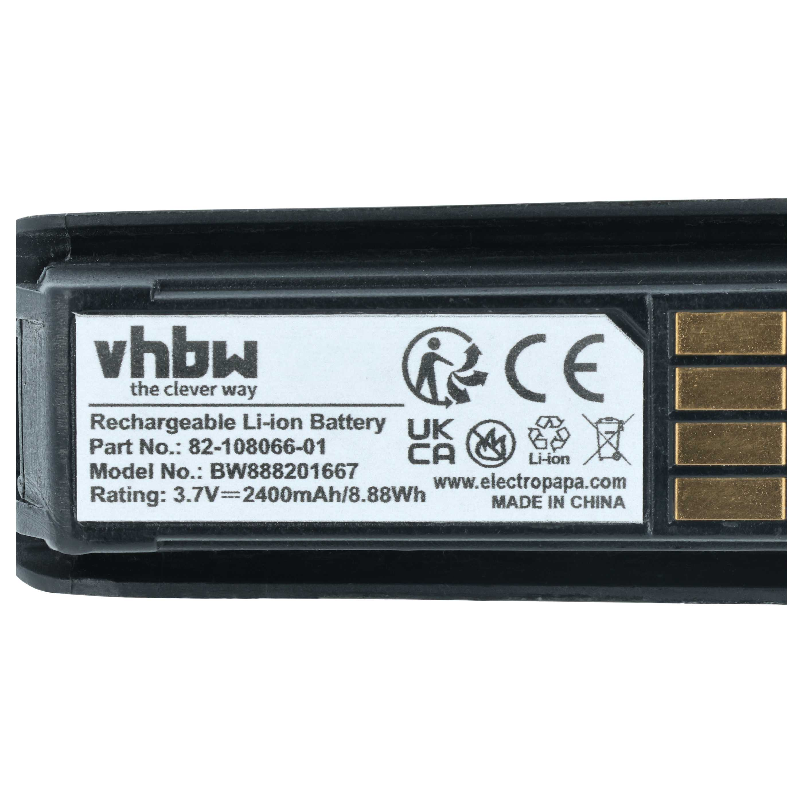 Wiederaufladbarer Li-Ionen-Akku mit vhbw-Logo, CE, UKCA, Li-Ion-Symbolen und Specs.
