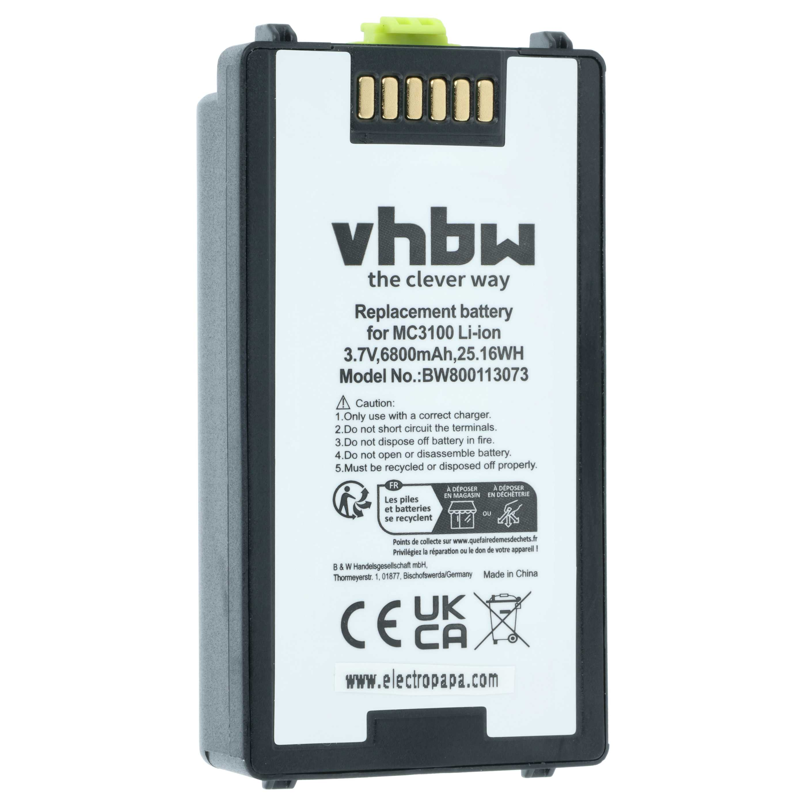 Ersatzakku für MC3100 Li-ion, 3,7V, 6800mAh, mit Warnhinweisen und Recycling-Symbolen.