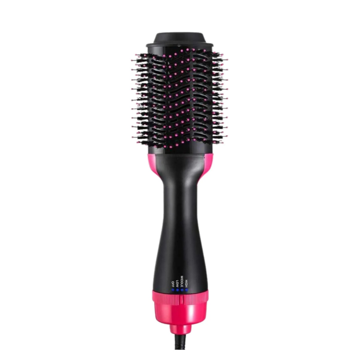Ein schwarzer und pinker Haartrockner mit rundem Bürstenkopf und Bedienelementen.