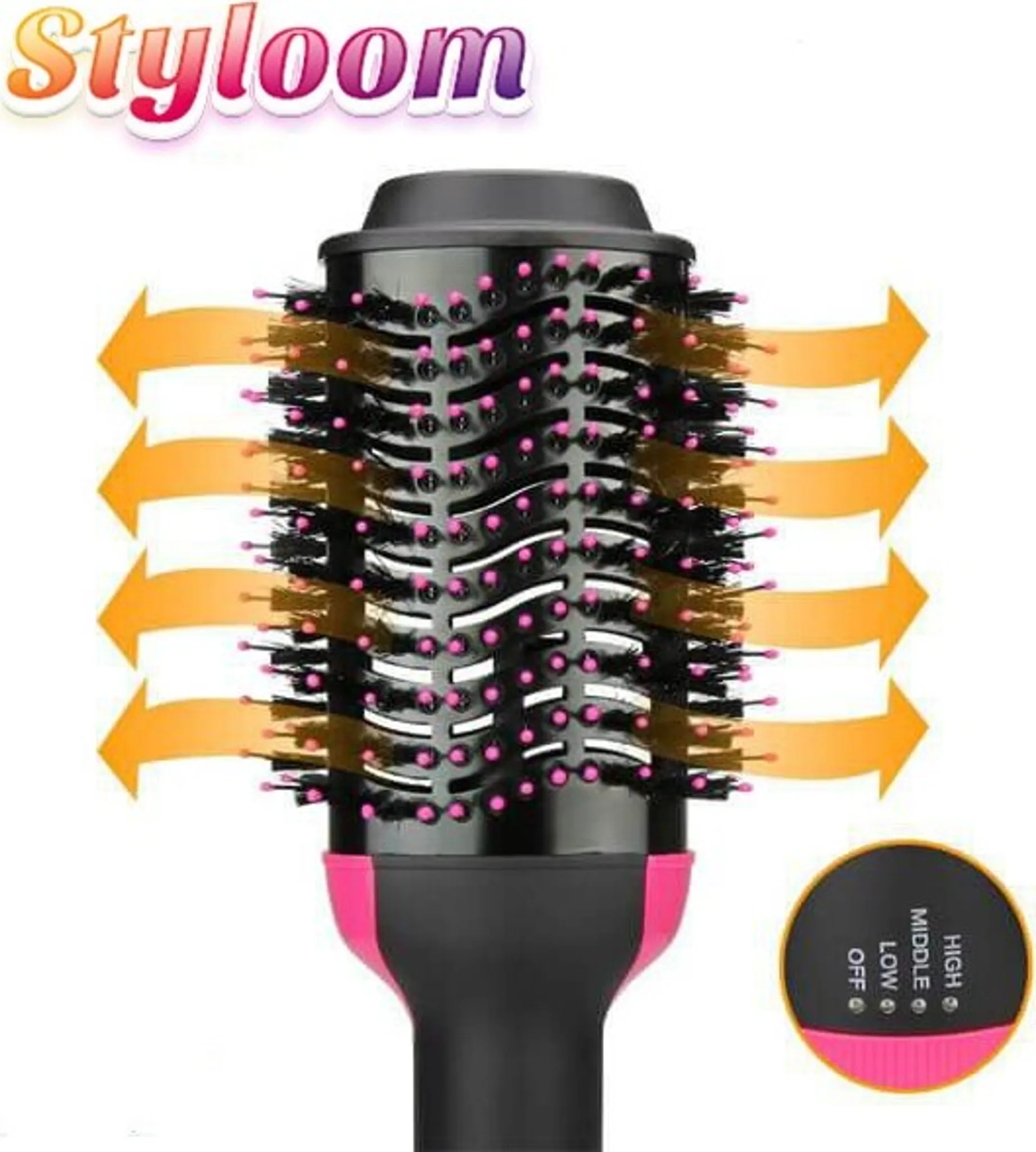 Ein runder Haartrockner mit rosa Spitzen und orangefarbenen Pfeilen.