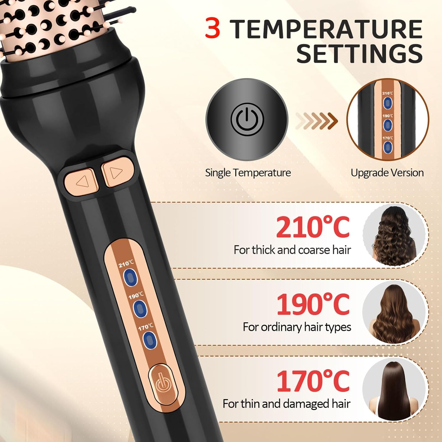 Schwarzer Haartrockner mit 3 Temperatureinstellungen: 210°C, 190°C, 170°C für verschiedene Haartypen.
