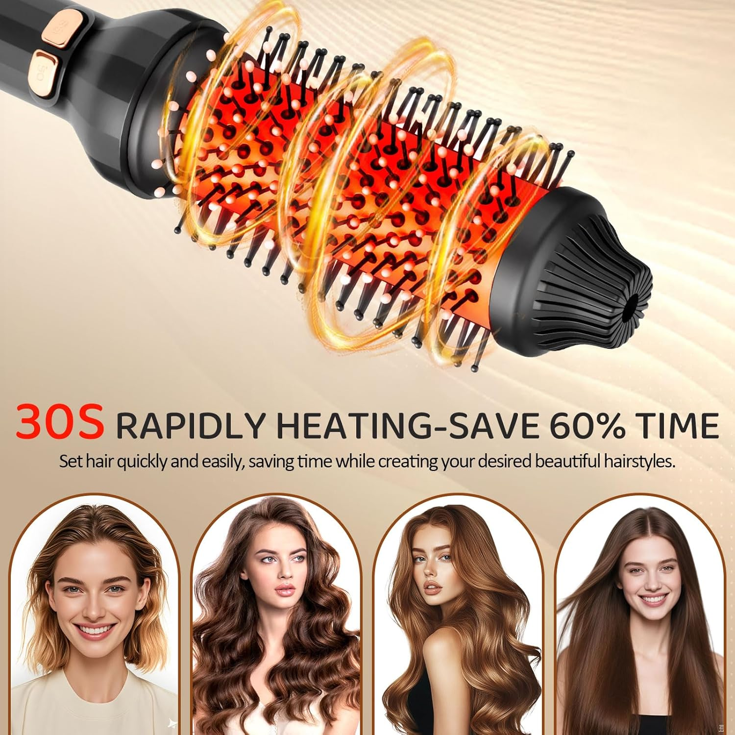 Ein rotierender Haartrockner mit orangenem Heizelement und vier Frauen mit verschiedenen Frisuren.