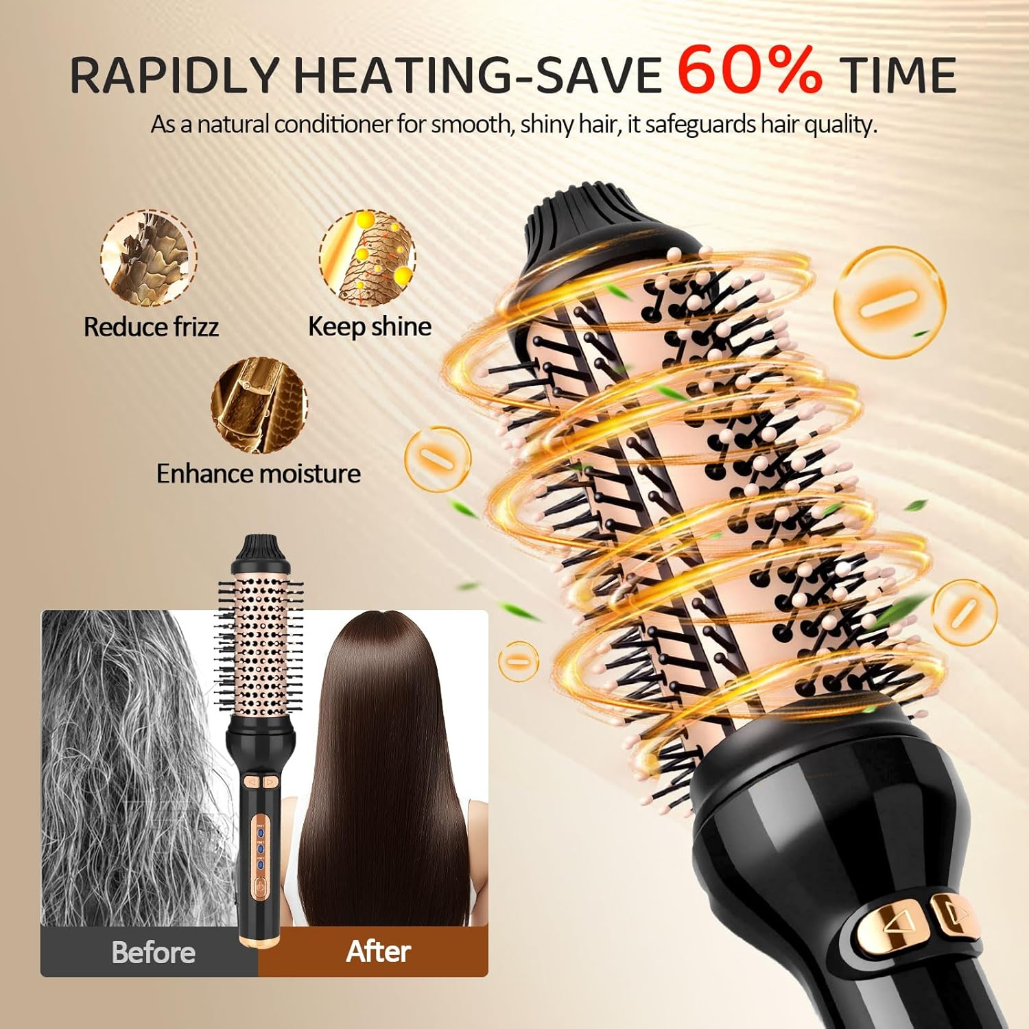 Ein elektrischer Haarstyler mit drei Funktionen: Frizz reduzieren, Glanz bewahren, Feuchtigkeit verbessern.
