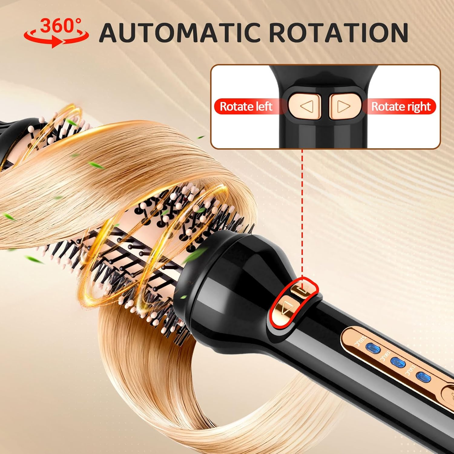 Schwarzer automatischer Haarroller mit blondem Haar, zeigt Links-/Rechtsdrehknöpfe.