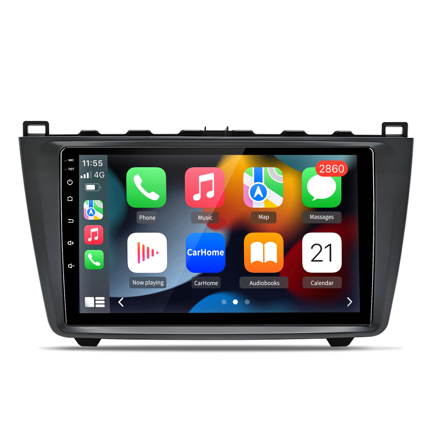 Auto-Infotainment-Bildschirm mit App-Symbolen: Telefon, Musik, Karte, Nachrichten, CarHome, Hörbücher, Kalender.