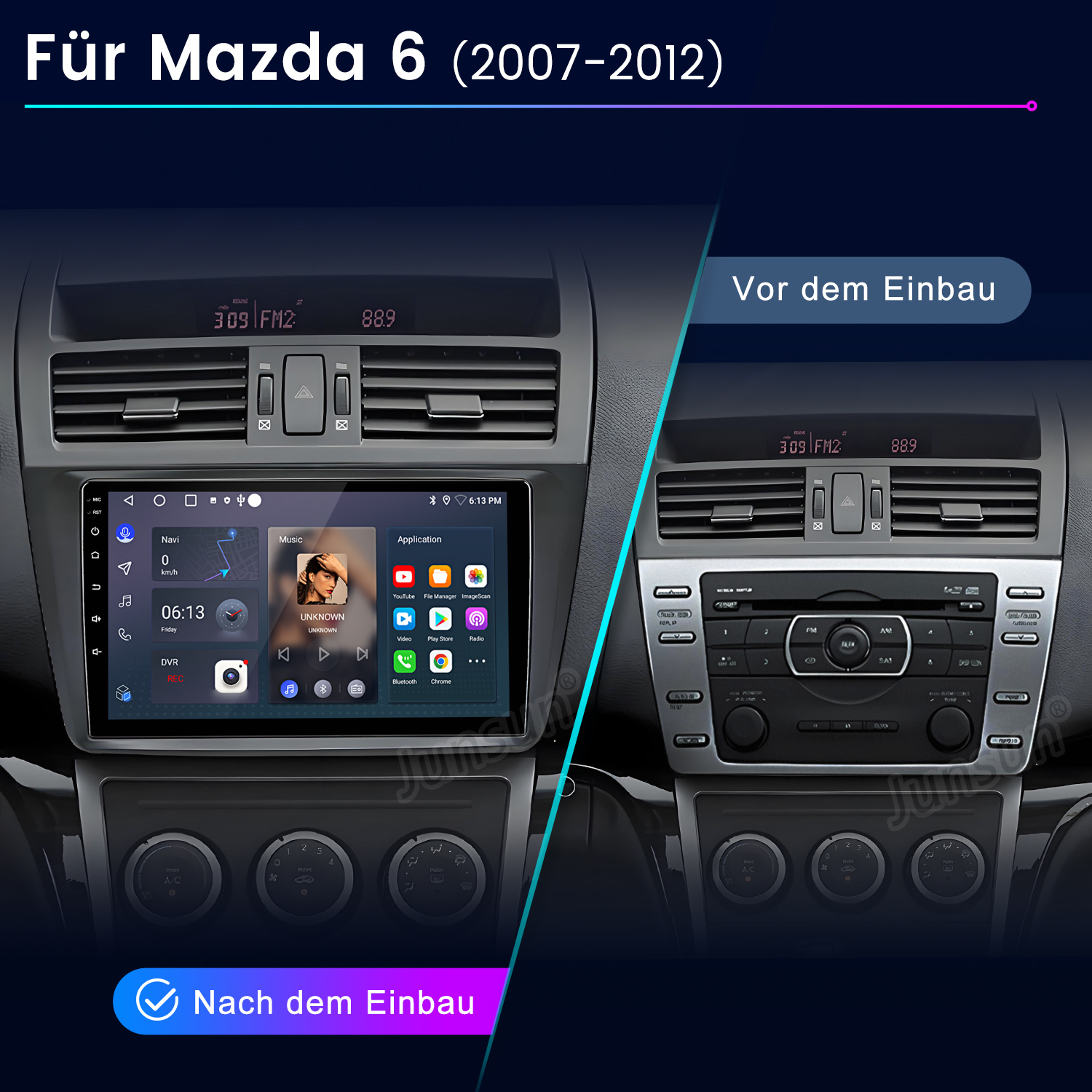Vergleich eines Mazda 6 Armaturenbretts: Vor und nach dem Einbau eines neuen Radios.