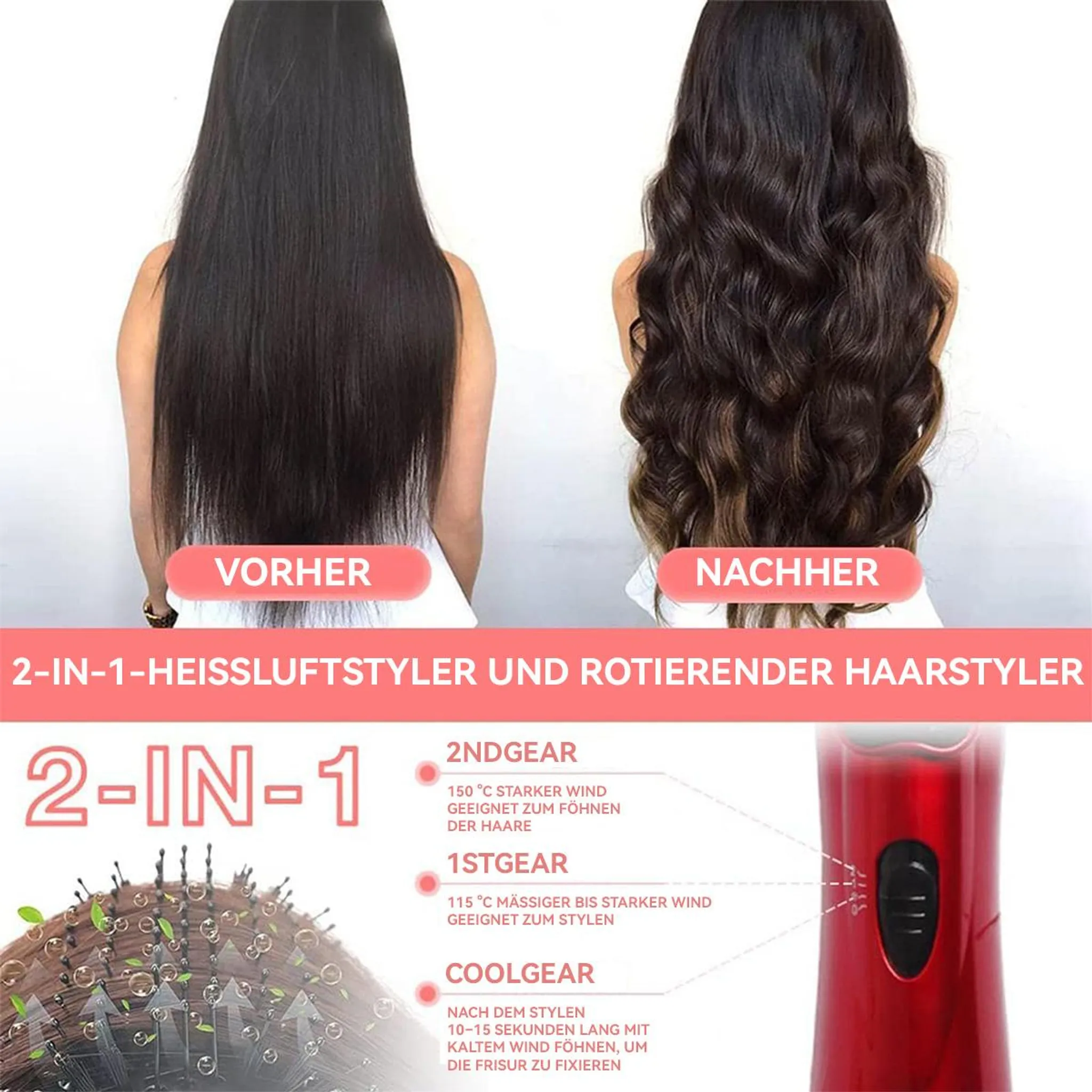 Vorher/Nachher Haarstyling: Glattes Haar wird zu Wellen gestylt.