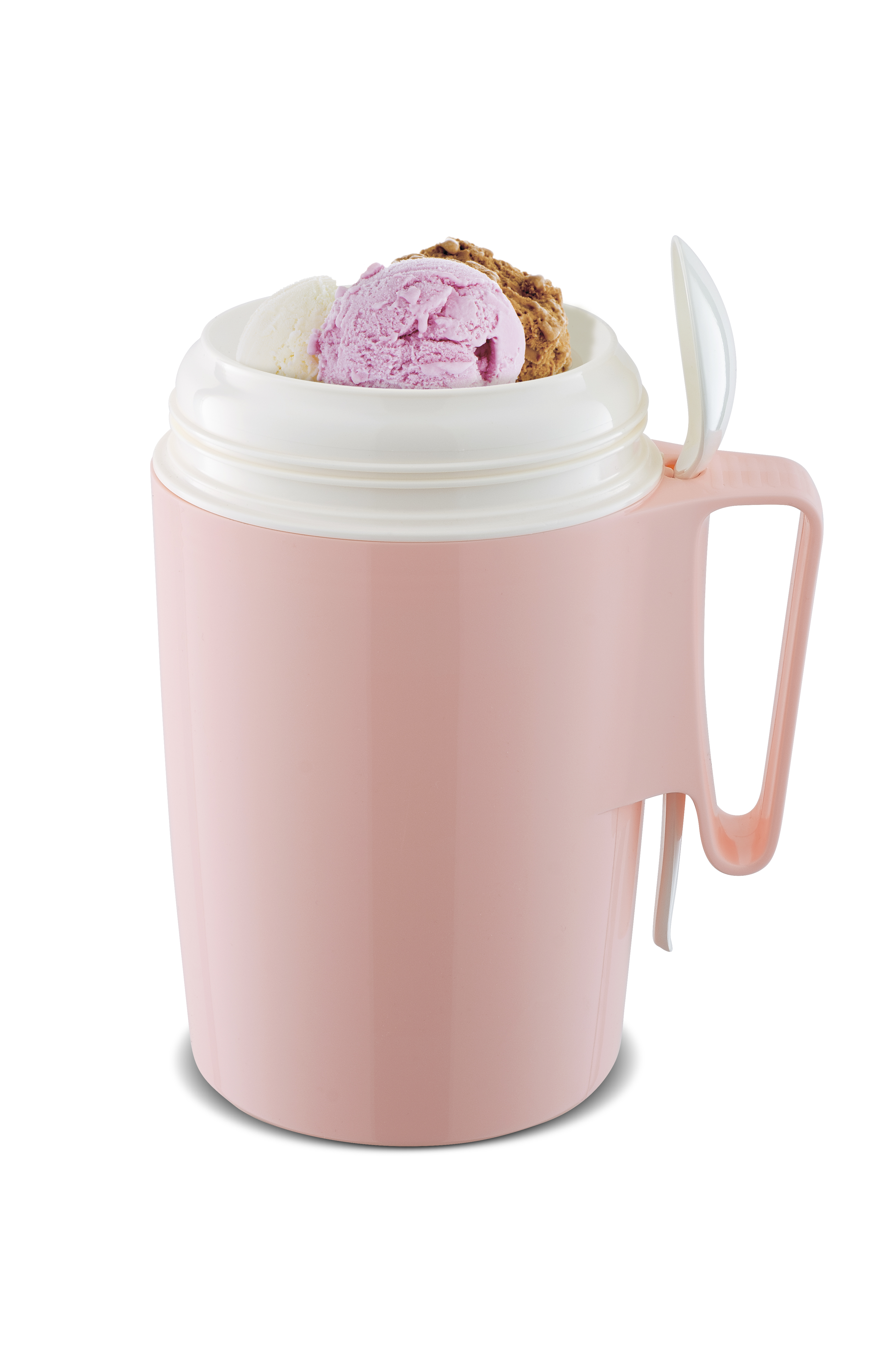 Un contenitore rosa con tre palline di gelato e un cucchiaio.