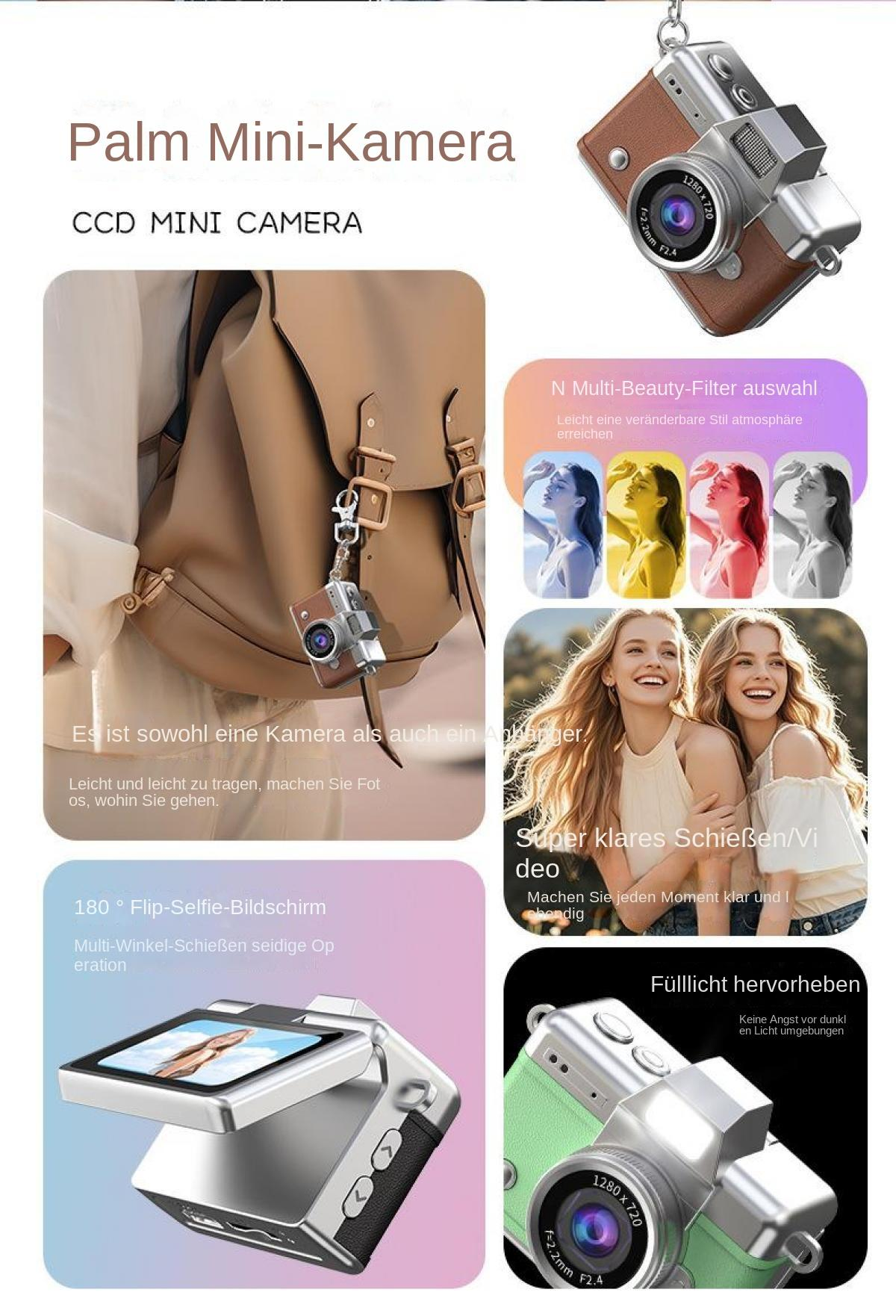 Produktcollage für eine Palm Mini-Kamera mit verschiedenen Funktionen und Designs.