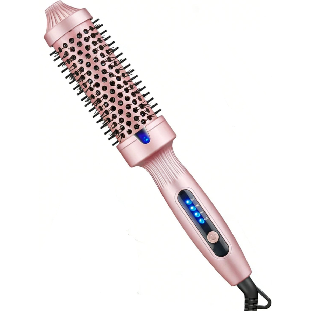 Ein roségoldener, elektrischer Rundbürsten-Haartrockner mit blauen LED-Anzeigen.