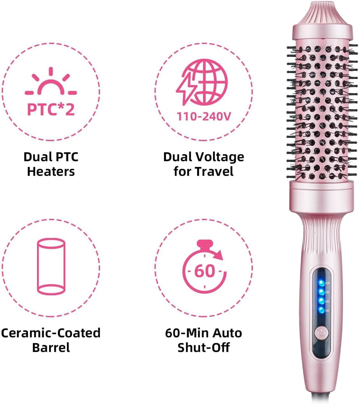 Ein rosafarbenes Glätteisen mit Heizstufenanzeige und Symbolen für Dual-PTC-Heizung, Dual-Spannung, Keramikbeschichtung und 60-Min.-Abschaltautomatik.