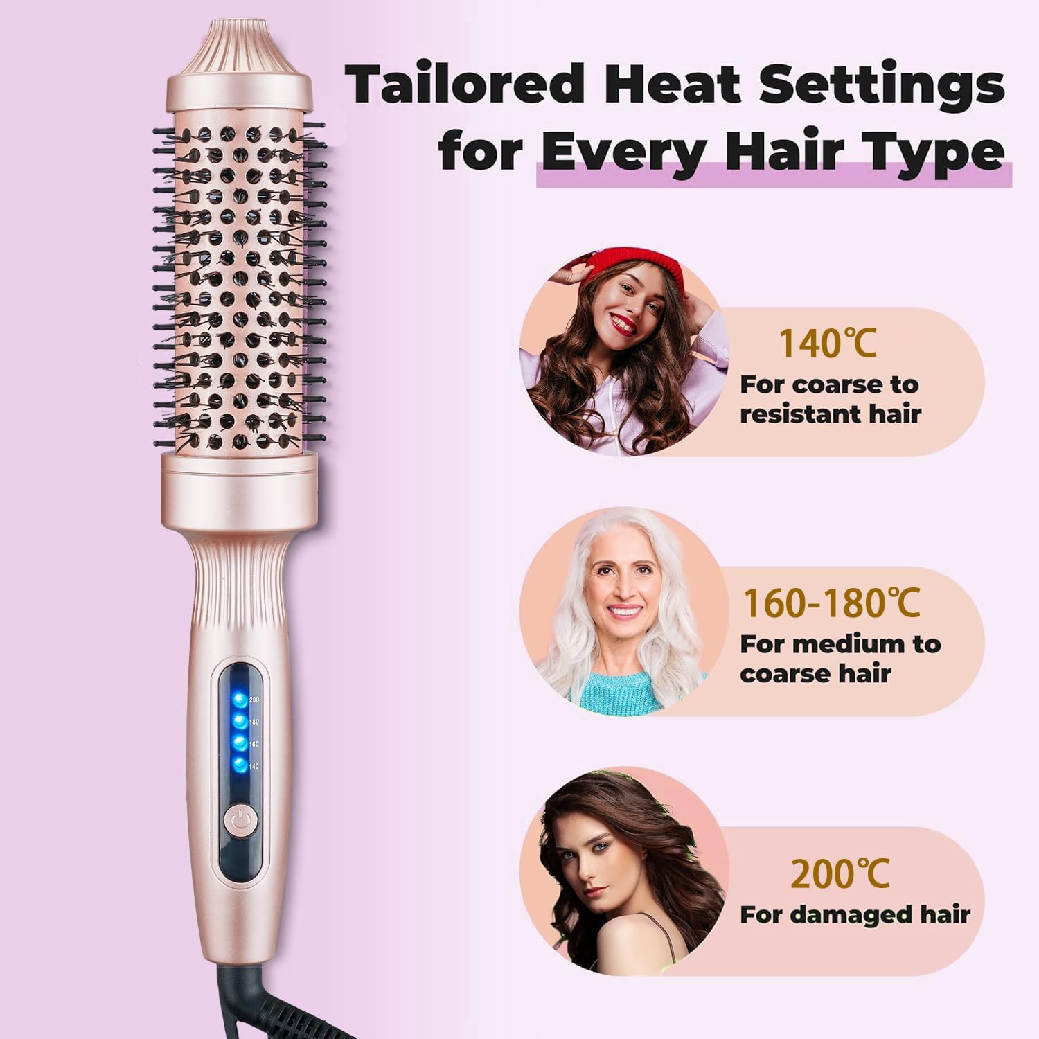 Goldfarbenes Haarstyling-Gerät mit Temperatureinstellungen für verschiedene Haartypen.