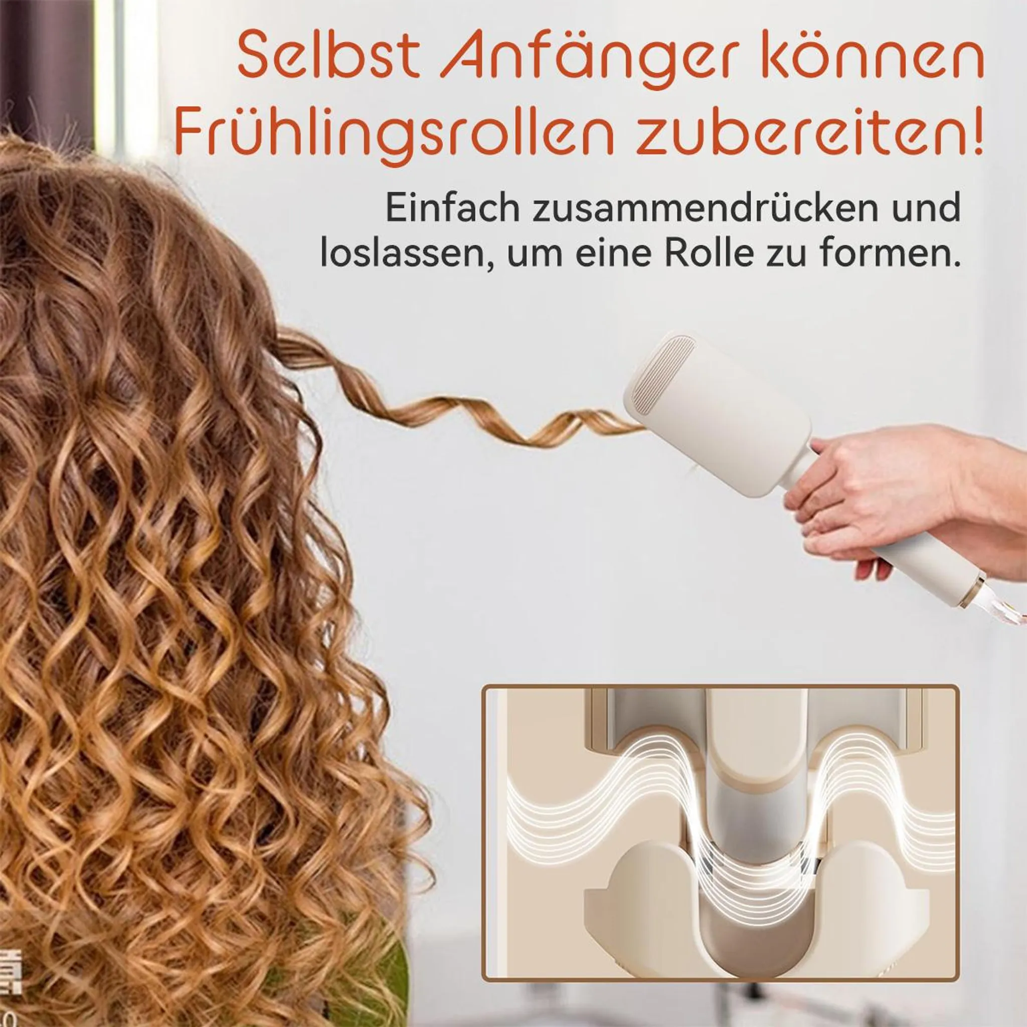 Eine Person stylt ihr Haar zu Locken mit einem Lockenstab. Nahaufnahme.