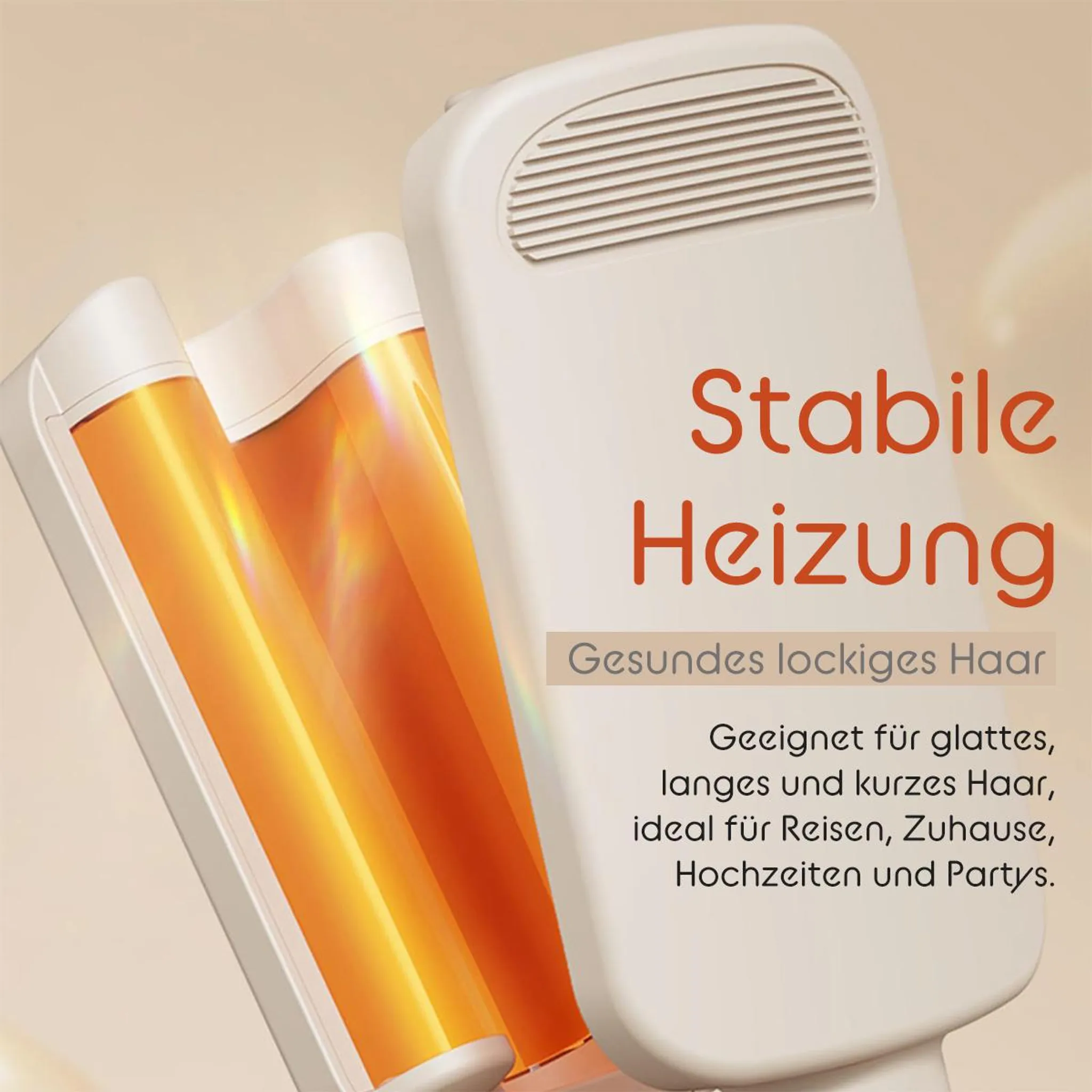 Ein weißes Haarglätteisen mit orangefarbenen Heizstäben und deutscher Textwerbung.