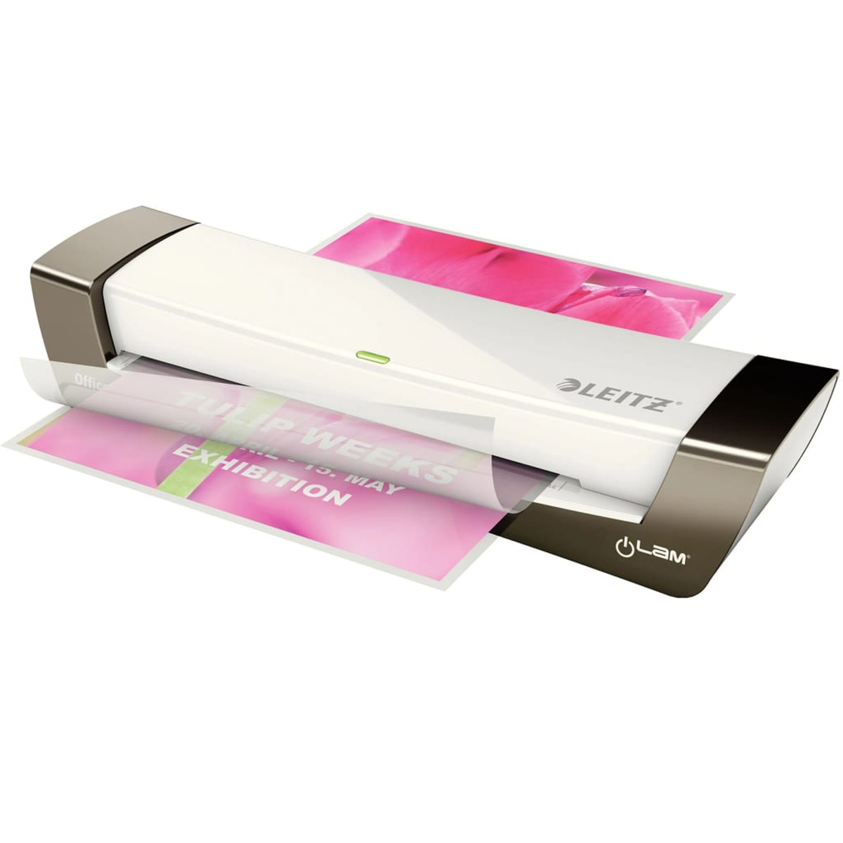 Ein weißer Leitz-Laminator laminiert ein Poster mit rosa Tulpen und Text.