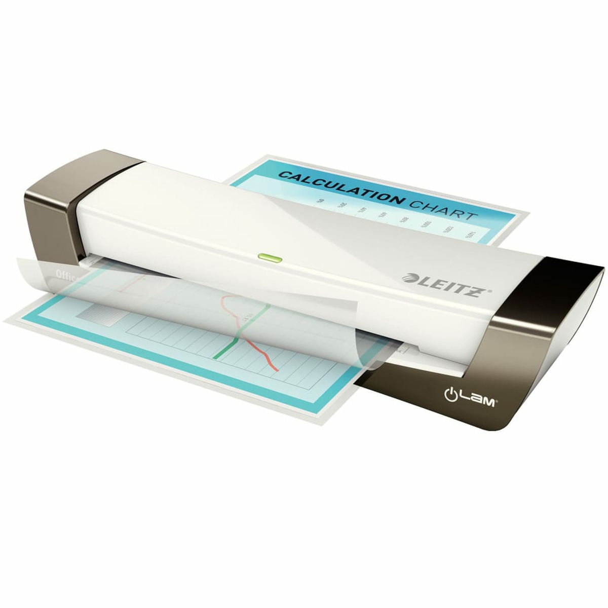 Ein weißer Leitz-Laminator mit grünem Licht, der eine Tabelle mit Grafiken laminiert.