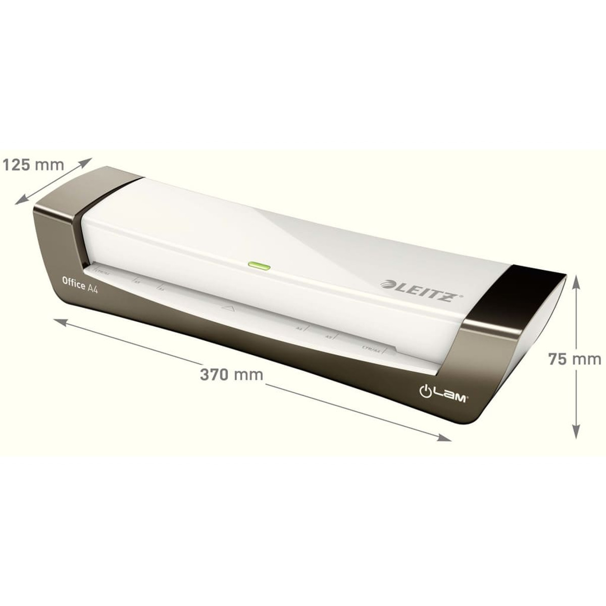 Ein weißer Leitz-Laminator mit Metallakzenten und Maßen von 370x125x75mm.