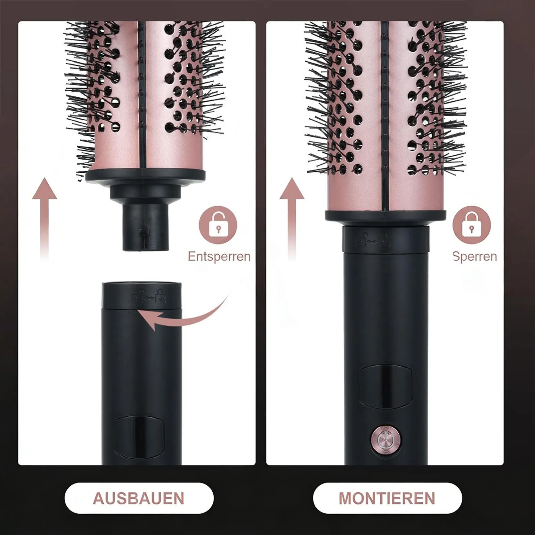 Abbildung zeigt ein Roségold-Haarbürstenaufsatz, der separat ist und montiert wird.