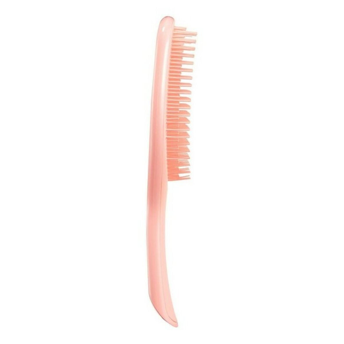Una spazzola per capelli rosa con setole fini, su sfondo bianco.