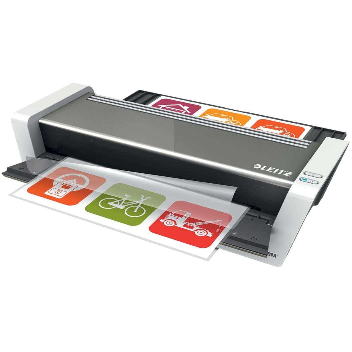 Ein Leitz-Laminator mit Symbolen eines Autos, Fahrrads und Abschleppwagens auf einem Blatt.