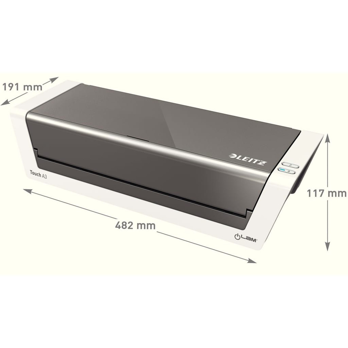 Ein Leitz Touch A3 Laminiermer in Grau und Weiß mit Maßen 482x191x117 mm.