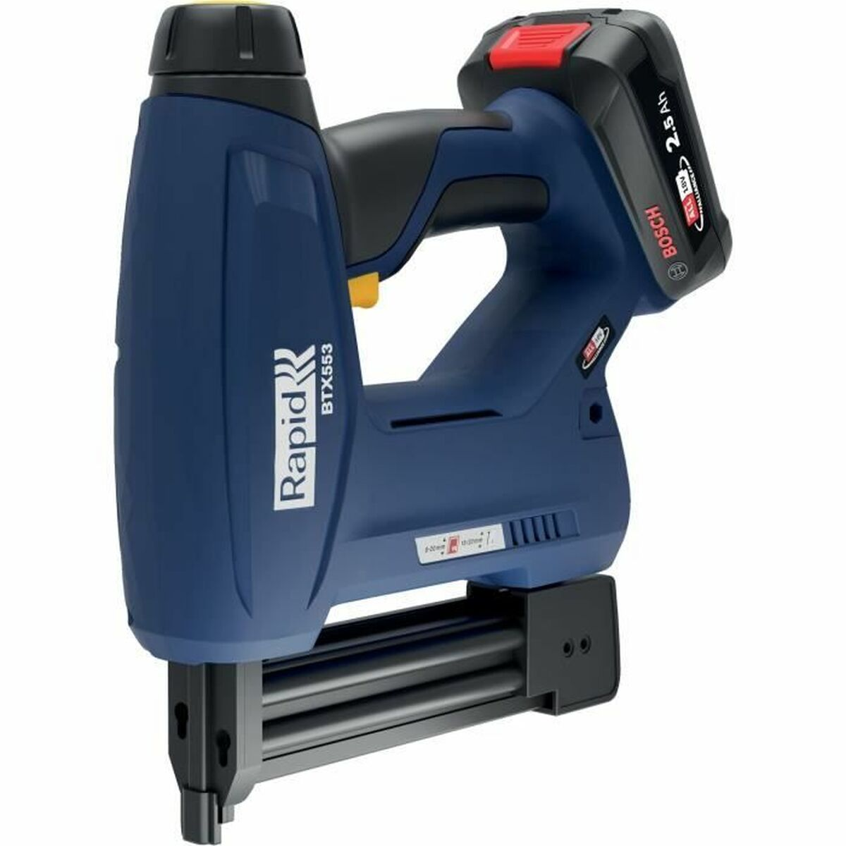 Una sparachiodi a batteria blu con grilletto giallo e batteria Bosch.