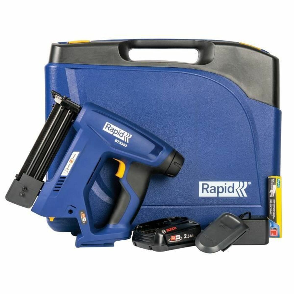 Una sparapunti blu accanto a una valigetta blu. Batteria e caricabatterie inclusi.