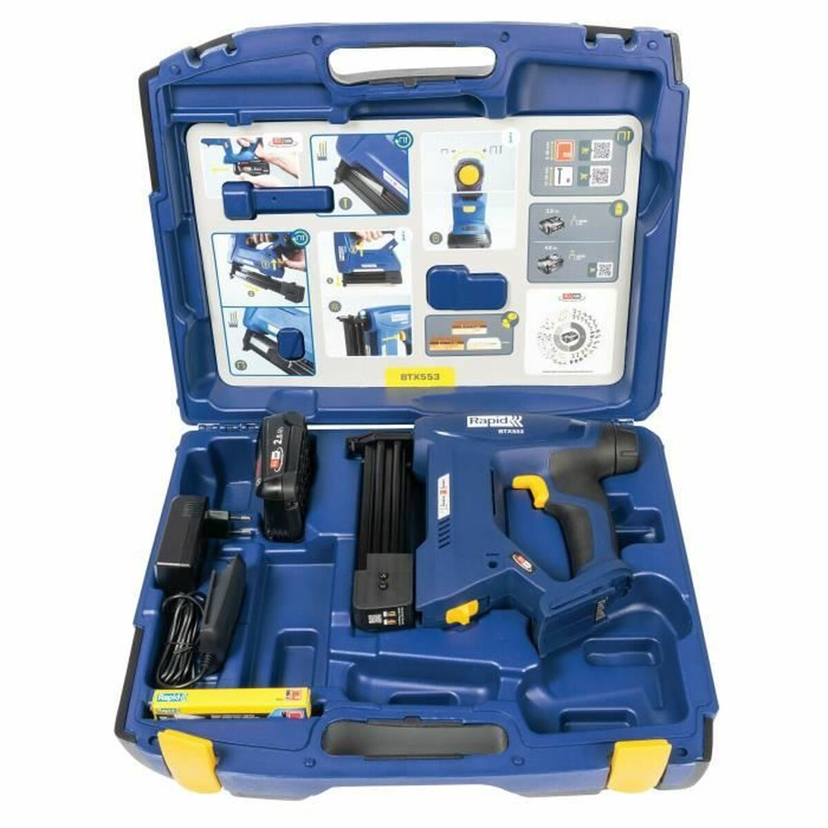 Una valigetta blu contenente una pistola sparapunti blu e nera, batteria, caricabatterie e istruzioni.