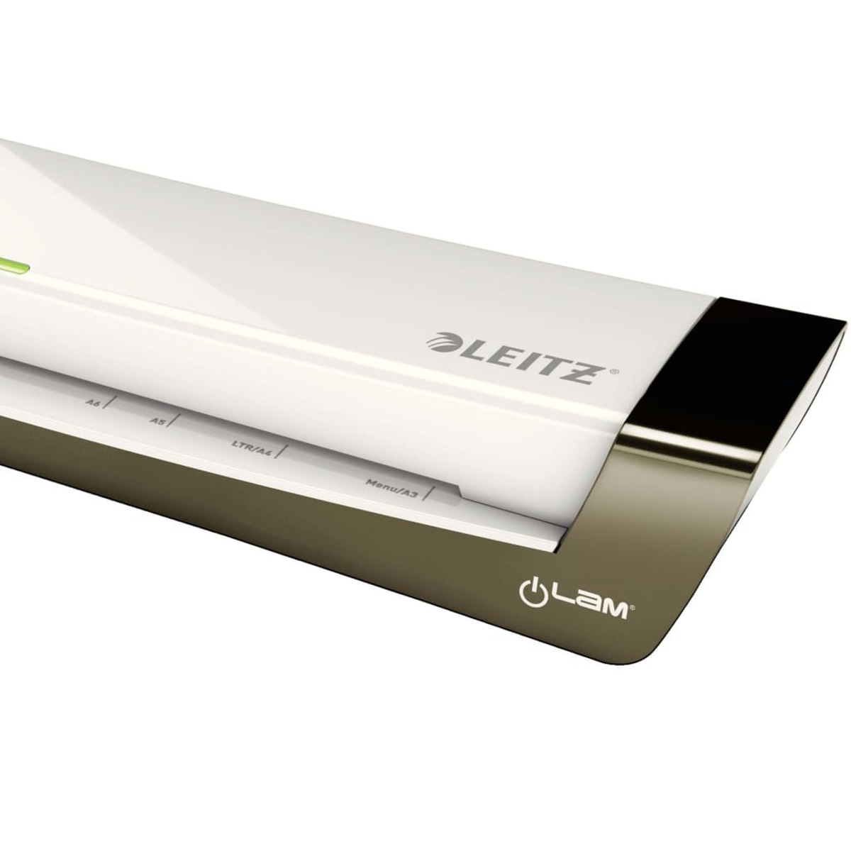Ein weißer Leitz-Laminator mit dunkelbraunem Rand und grüner LED.