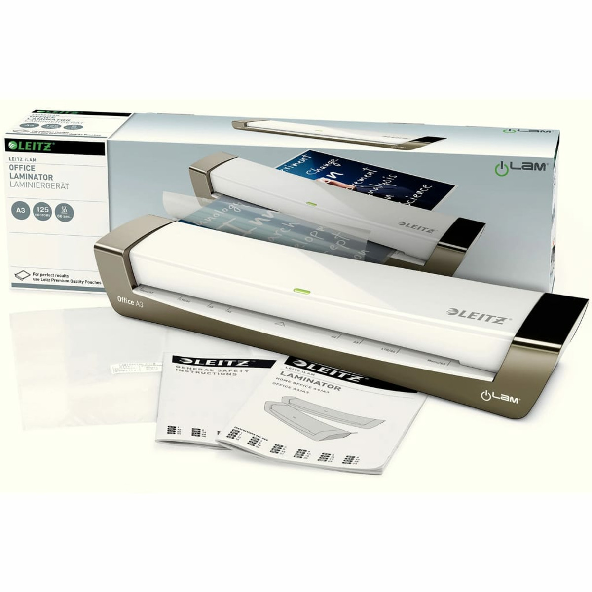 Ein Leitz Laminiergerät Office A3 mit Verpackung und Anleitungen.