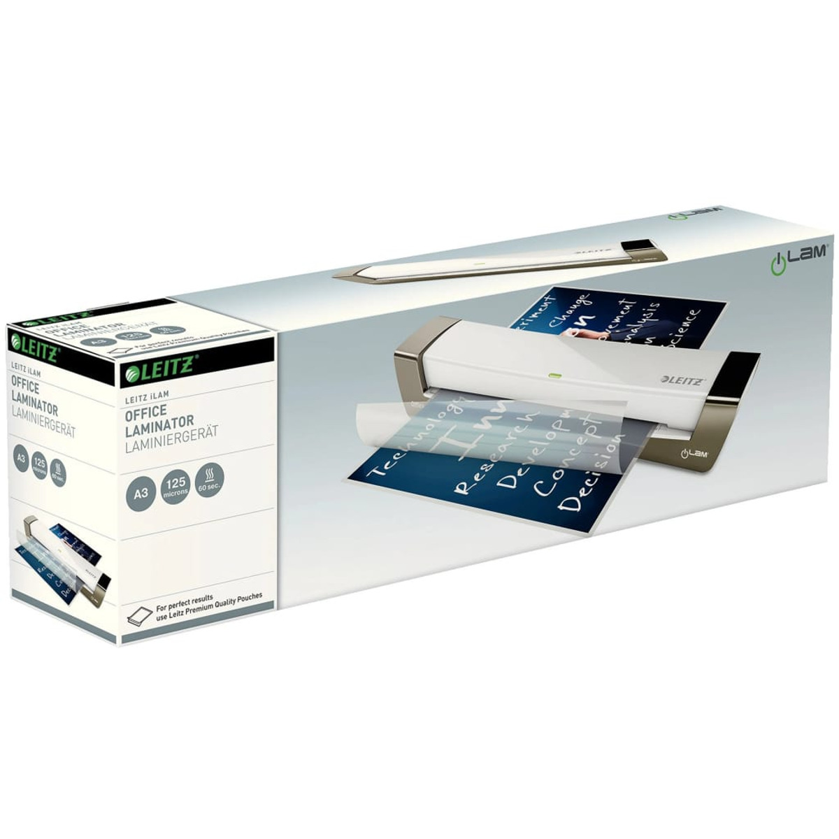 Leitz Laminiergerät mit Verpackung, das Dokumente laminiert.